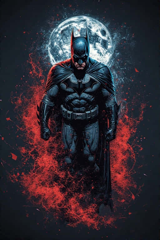 Dark Batman Symbolism Wallpaper 8K 壁紙 — 蝙蝠俠挑釁地站在滿月前，紅色飛濺在他的裝甲形態周圍爆開。