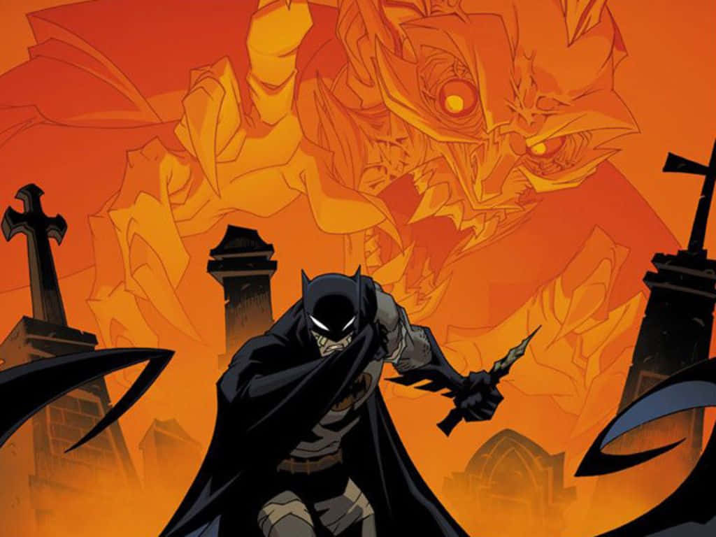 The Batman Vs Dracula 桌布 壁紙 — 蝙蝠俠挑釁地站在熾熱橙色的墓園中，身後有一個發光的眼睛的怪物陰影籠罩著。