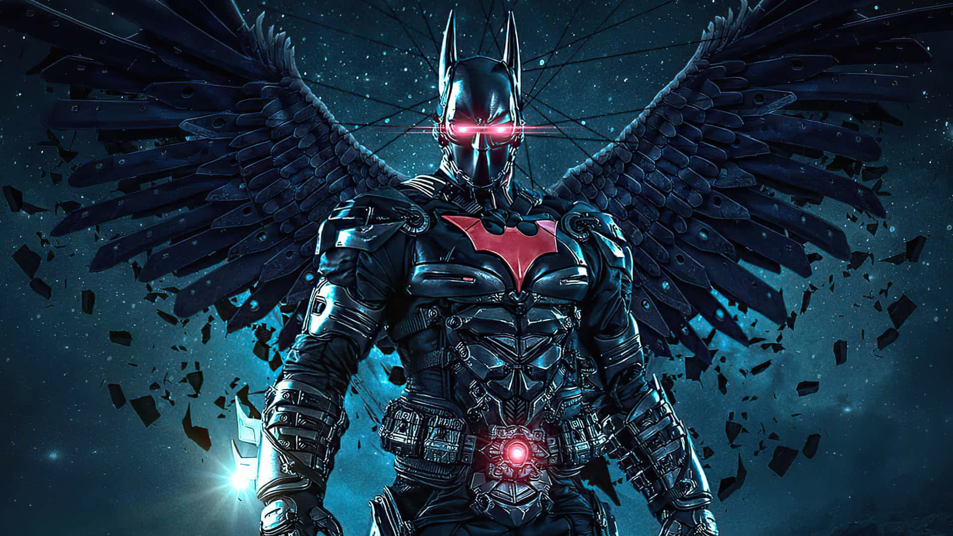 1920 X 1080 Batman 桌布 壁紙 — 蝙蝠俠擁有機械翅膀和發光的紅色眼睛，站在破碎的星空夜空下。