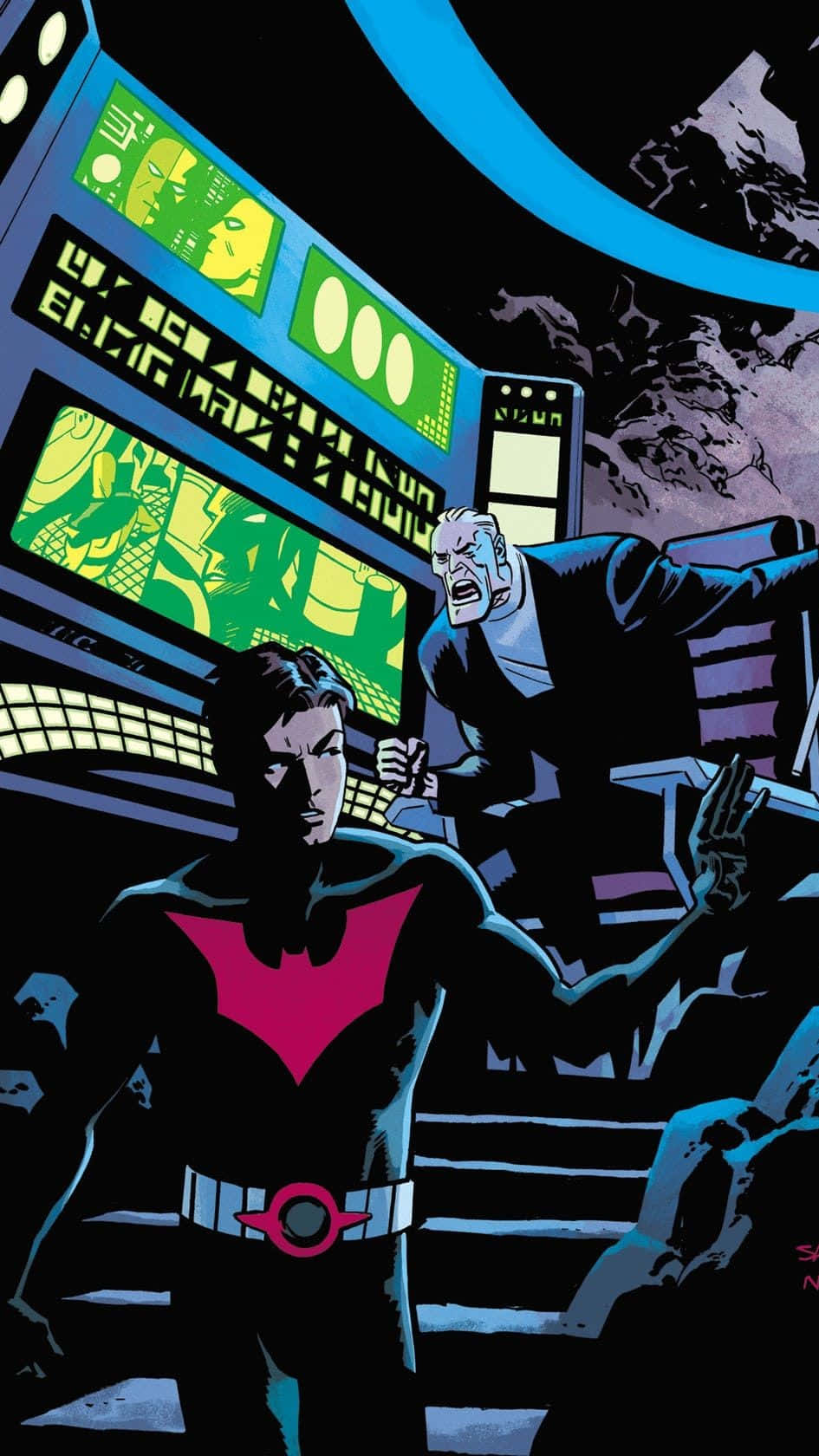 Batman The New 52 桌布 壁紙 — 蝙蝠俠未來化身在高科技控制室面對威脅性反派的漫畫插圖。