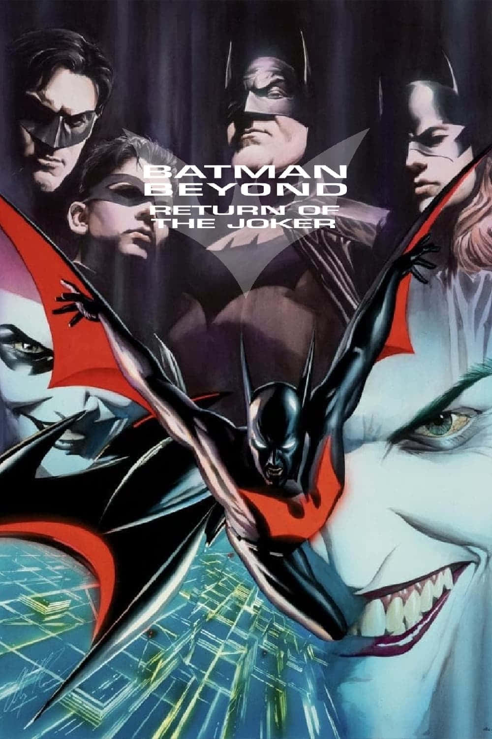 Batman Beyond Return Of The Joker 桌布 壁紙 — 蝙蝠俠未來版在黑暗背景下動態翱翔，小丑在發光的城市景觀上威脅地聳立。