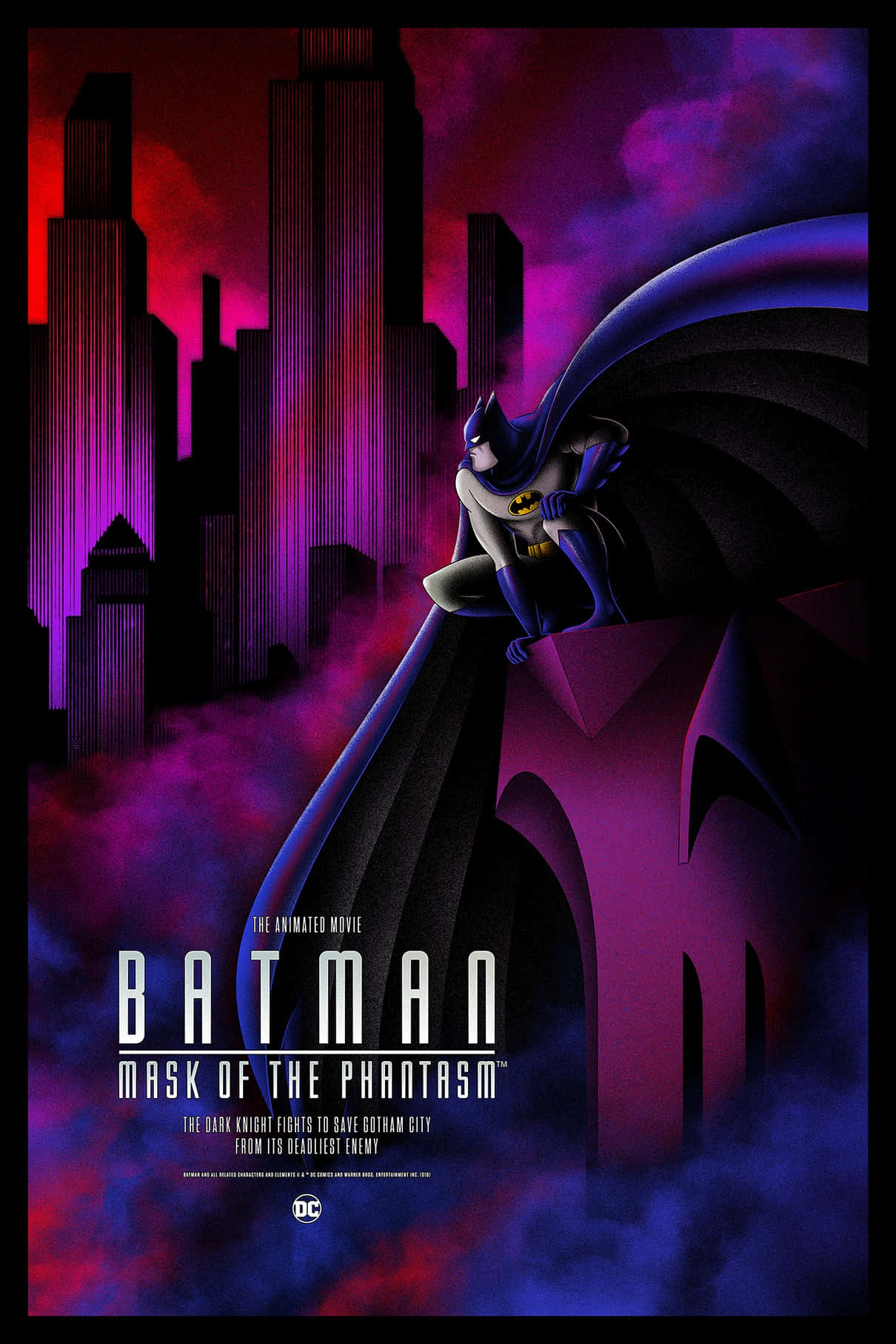 Batman Mask Of The Phantasm 桌布 壁紙 — 蝙蝠俠棲息在一個蝙蝠形結構上，背景是黃昏時分霓虹紫色和紅色的高譚市天際線。