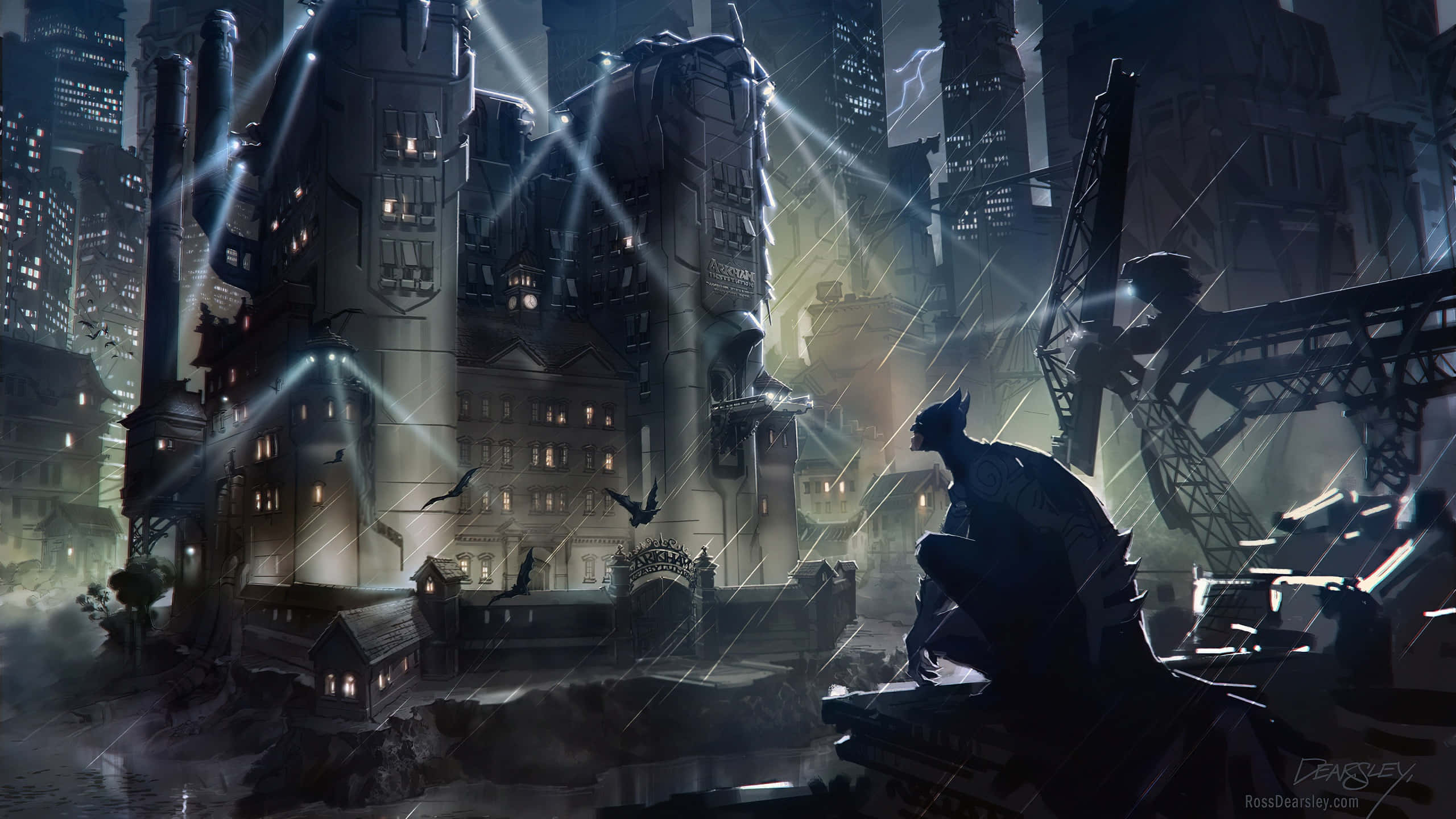 Batman City 桌布 壁紙 — 蝙蝠俠棲身於屋頂，俯瞰雨夜中哥德式城市景觀，閃電在摩天大樓間劃過。