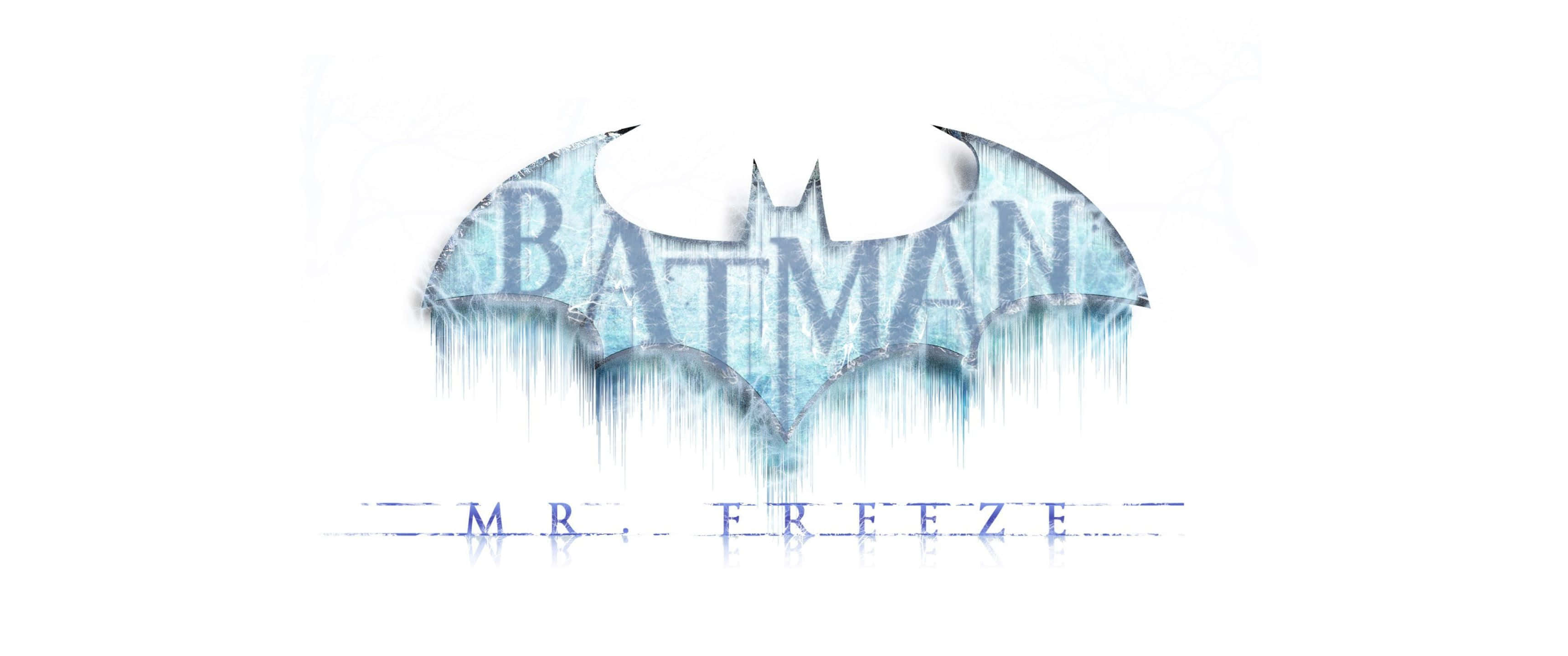 3440x1440p Batman Arkham City 桌布 壁紙 — 蝙蝠俠標誌在純白背景上滴落冰藍色霜，下方有「MR FREEZE」字樣。