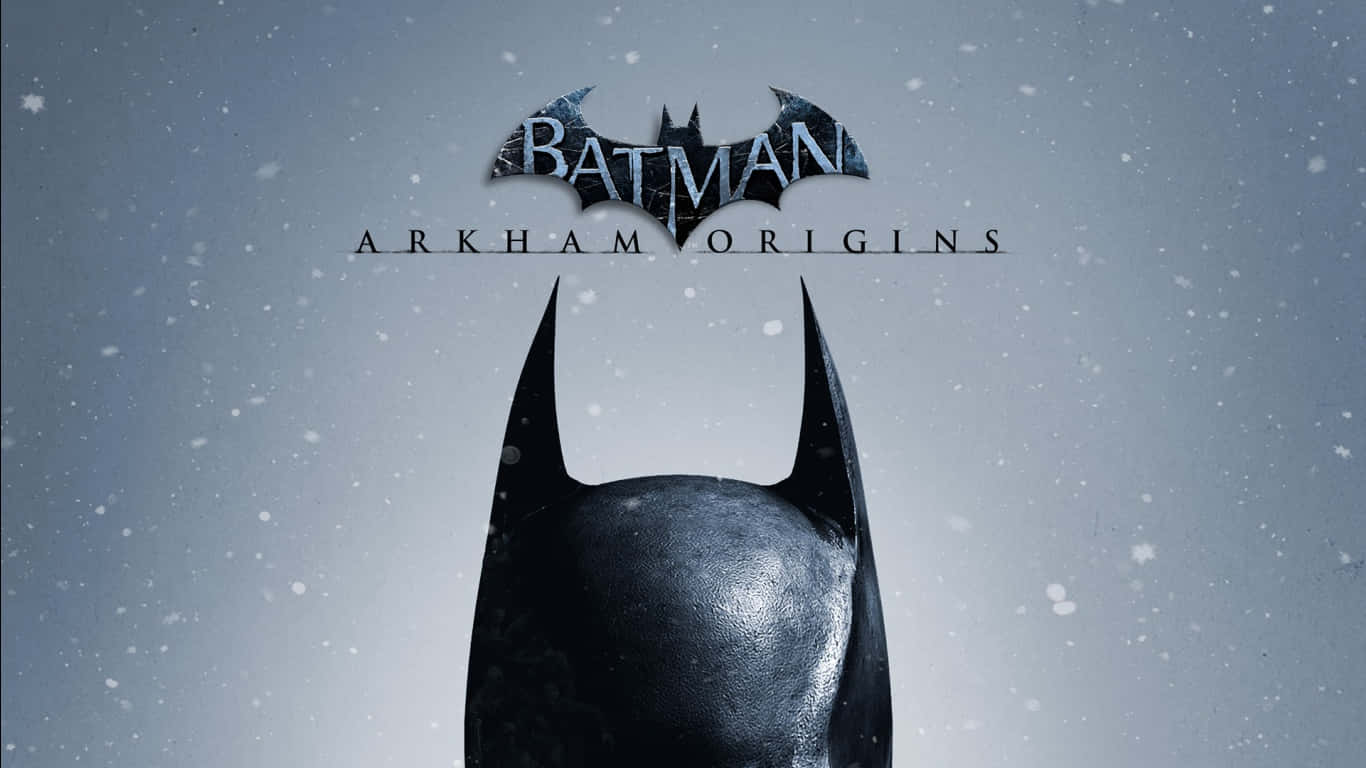 Batman Arkham Origins 桌布 壁紙 — 蝙蝠俠標誌性的頭罩在雪灰色的天空中升起，遊戲標題《Arkham Origins》漂浮在上方。