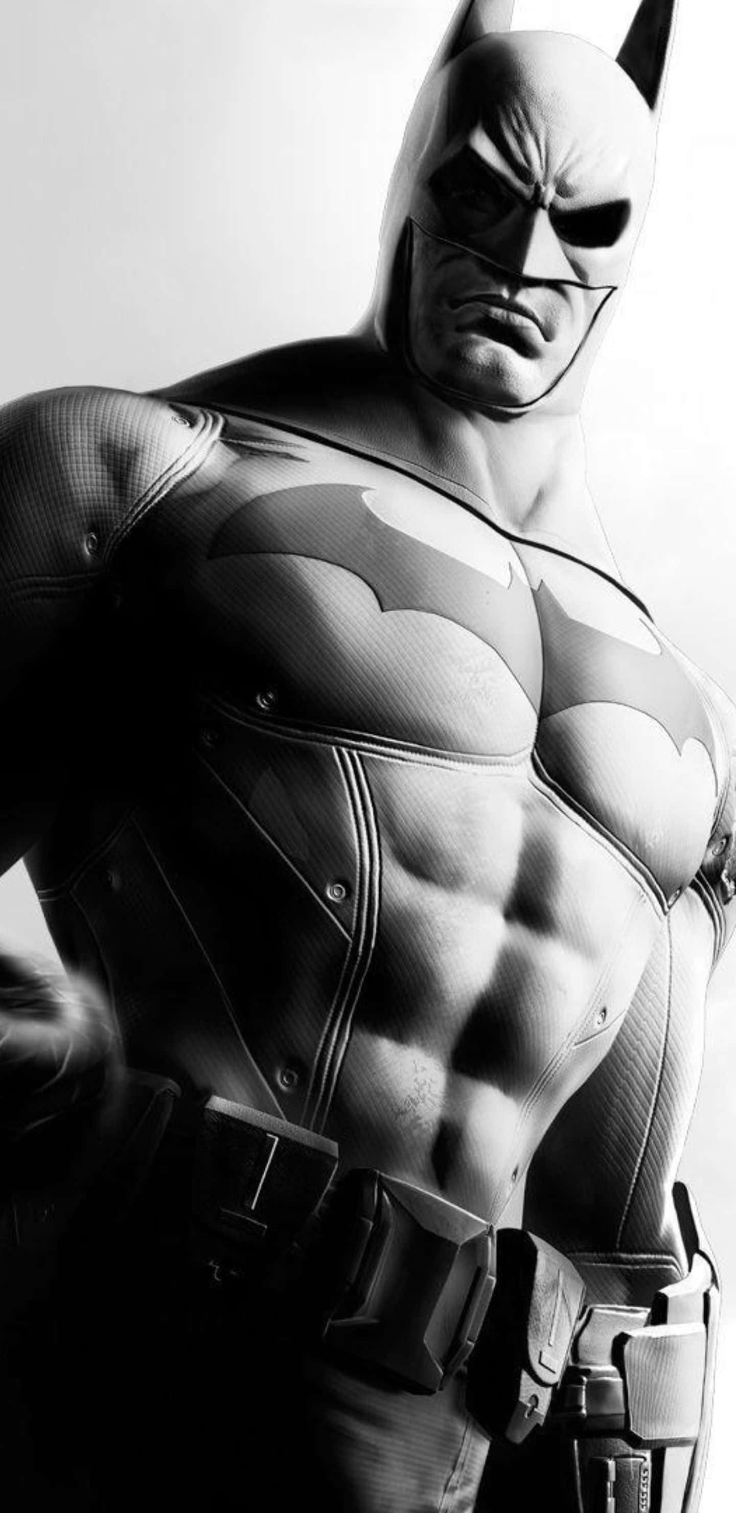 Pixel 3xl Batman Arkham City 桌布 壁紙 — 蝙蝠俠標誌性頭罩和裝甲服下的肌肉發達軀幹和嚴肅面孔的單色特寫。