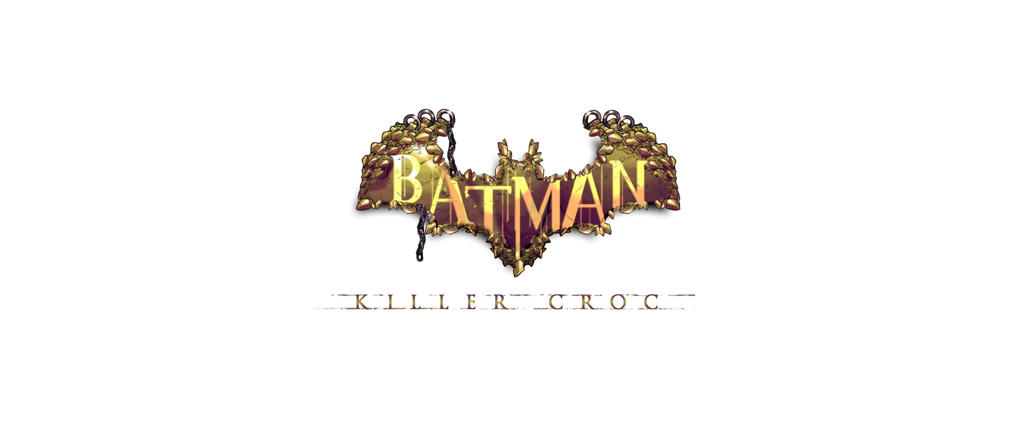 3440x1440p Batman Arkham City 桌布 壁紙 — 蝙蝠俠殺手鱷魚標誌，帶有金色蝙蝠標誌和紋理紅色翅膀，白色背景。