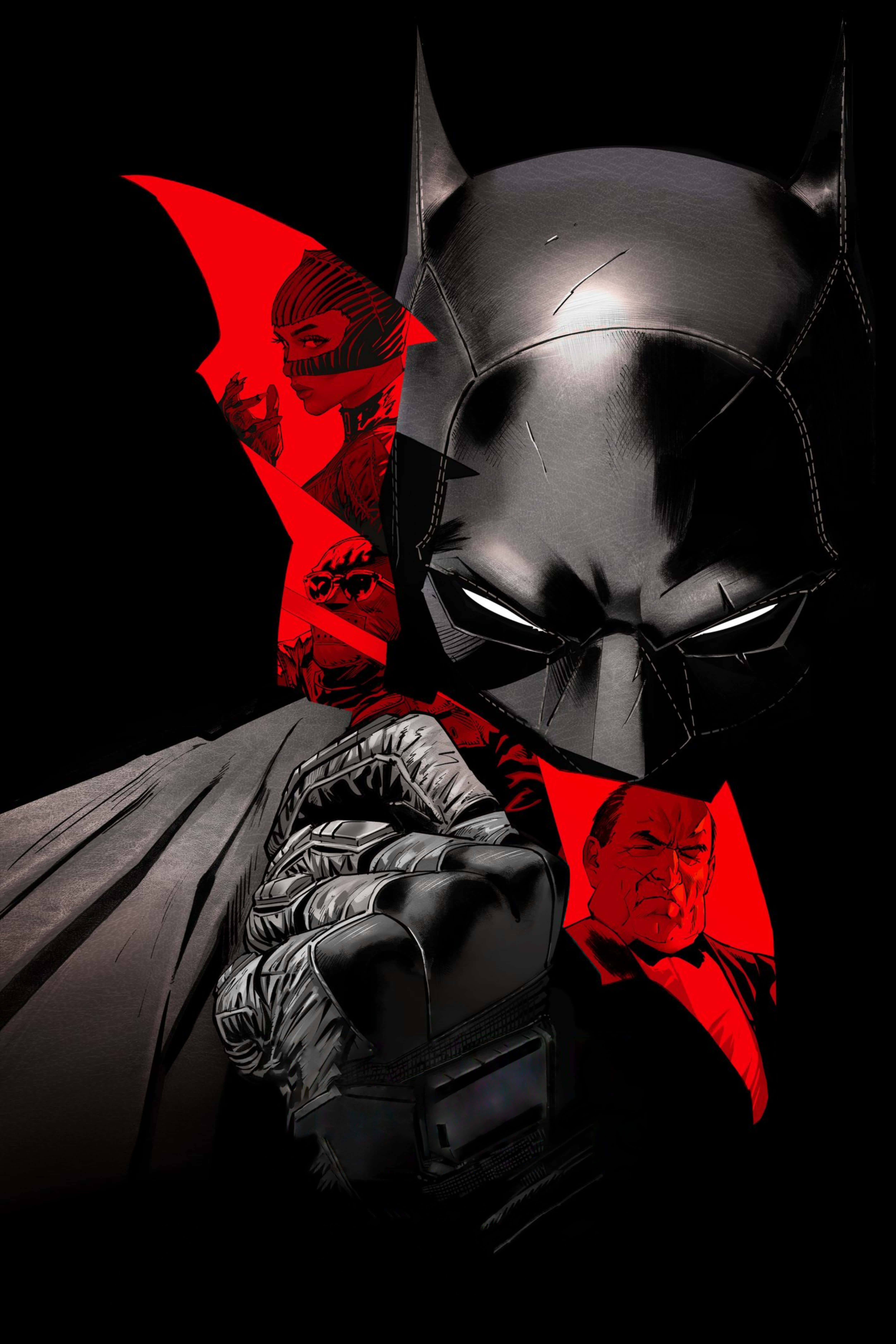 Cool Batman 桌布 壁紙 — 蝙蝠俠潛伏在陰影中，眼睛發光，拳頭緊握，身後出現敵人的紅色剪影。
