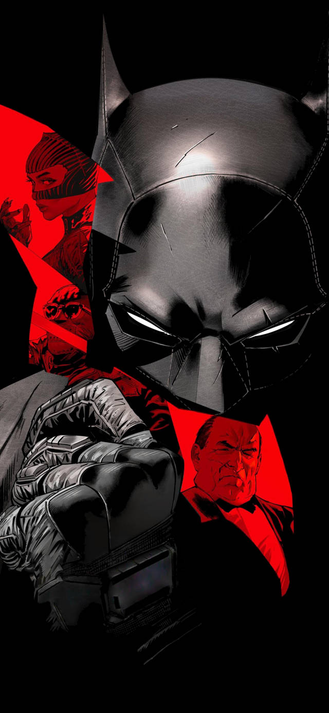 The Batman iPhone 桌布 壁紙 — 蝙蝠俠潛伏在陰影中，雙眼發光，紅色色調的惡棍以粗獷的漫畫風格夾擊他。