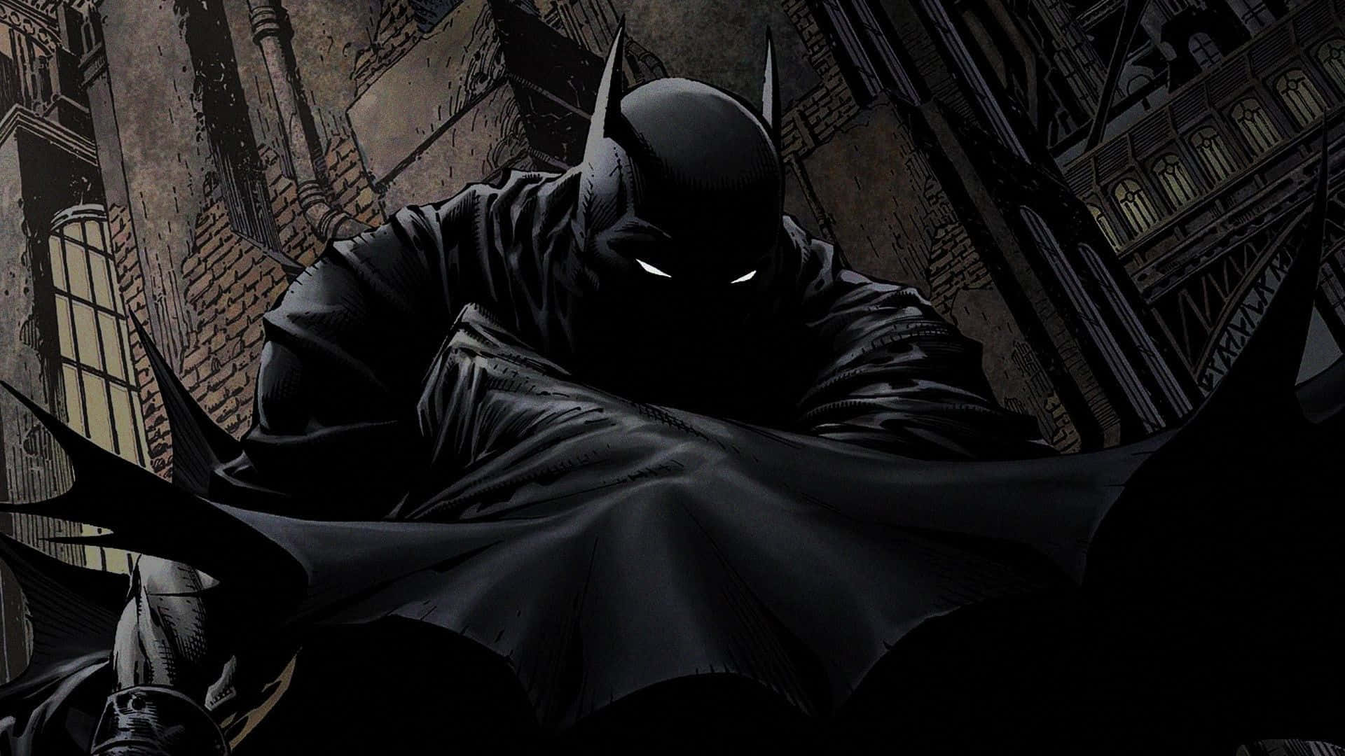 Batman Cartoon 桌布 壁紙 — 蝙蝠俠潛伏在陰暗的高譚市小巷中，他發光的眼睛刺穿黑暗，斗篷在他周圍飄揚。