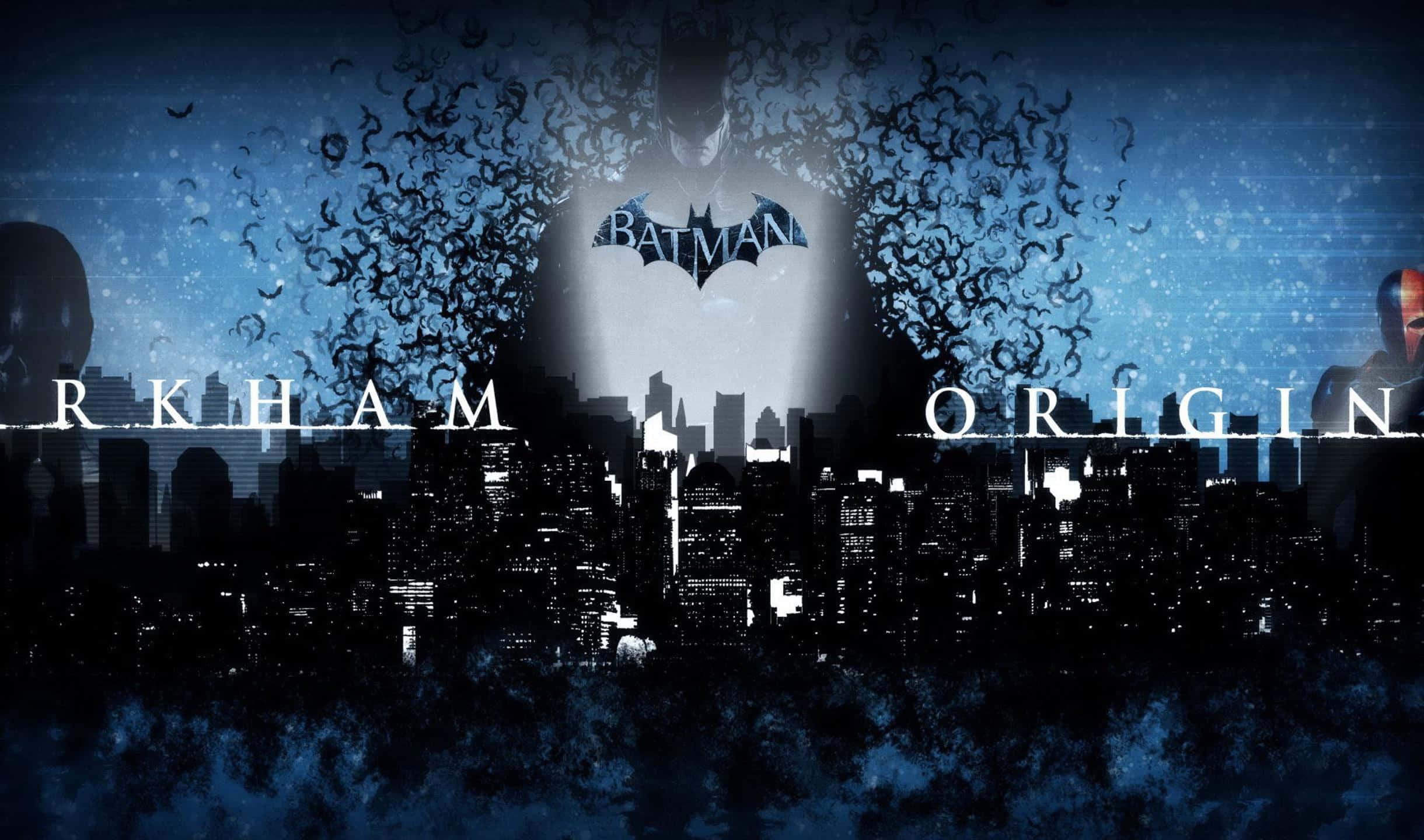 2440x1440 Batman Arkham City 桌布 壁紙 — 蝙蝠俠的剪影從夜間高譚市發光的天際線上方旋轉的烏雲中浮現。