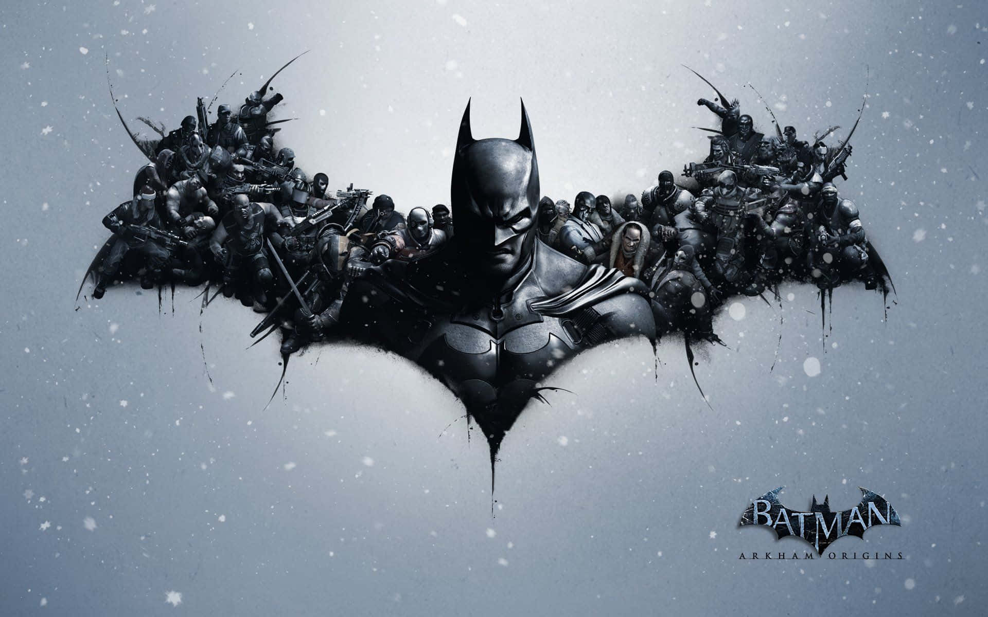 Batman Arkham Origins 桌布 壁紙 — 蝙蝠俠的剪影由他的盟友和敵人的軍隊在雪灰色的天空下形成。
