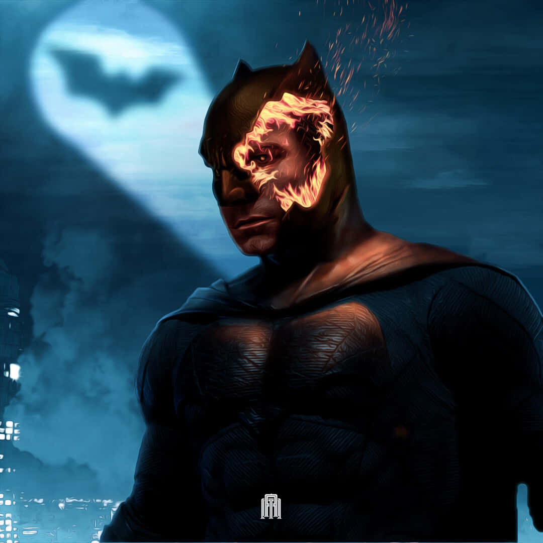 Bruce Wayne 桌布 壁紙 — 蝙蝠俠的臉半被火焰吞噬，背景是月光下的高譚市天際線，身後有發光的蝙蝠標誌。