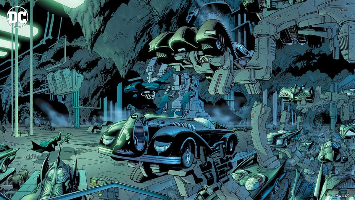Batcave 桌布 壁紙 — 蝙蝠俠的蝙蝠車在一個充滿機械哨兵和先進機器的洞穴式高科技巢穴中，在詭異的綠光下閃閃發光。
