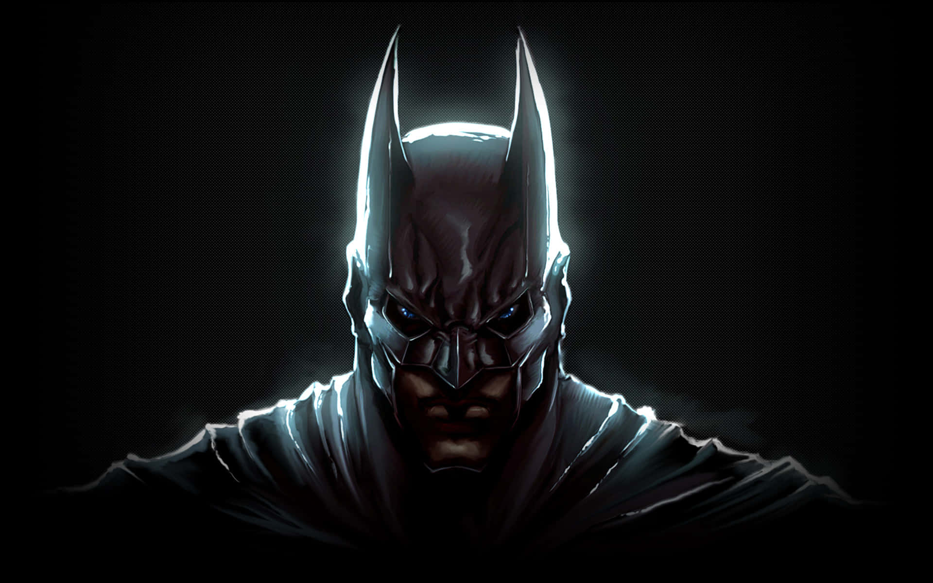 Batman Desktop 桌布 壁紙 — 蝙蝠俠的裝甲頭罩在漆黑虛空中散發強烈背光，雙眼燃燒著陰沉的決心。