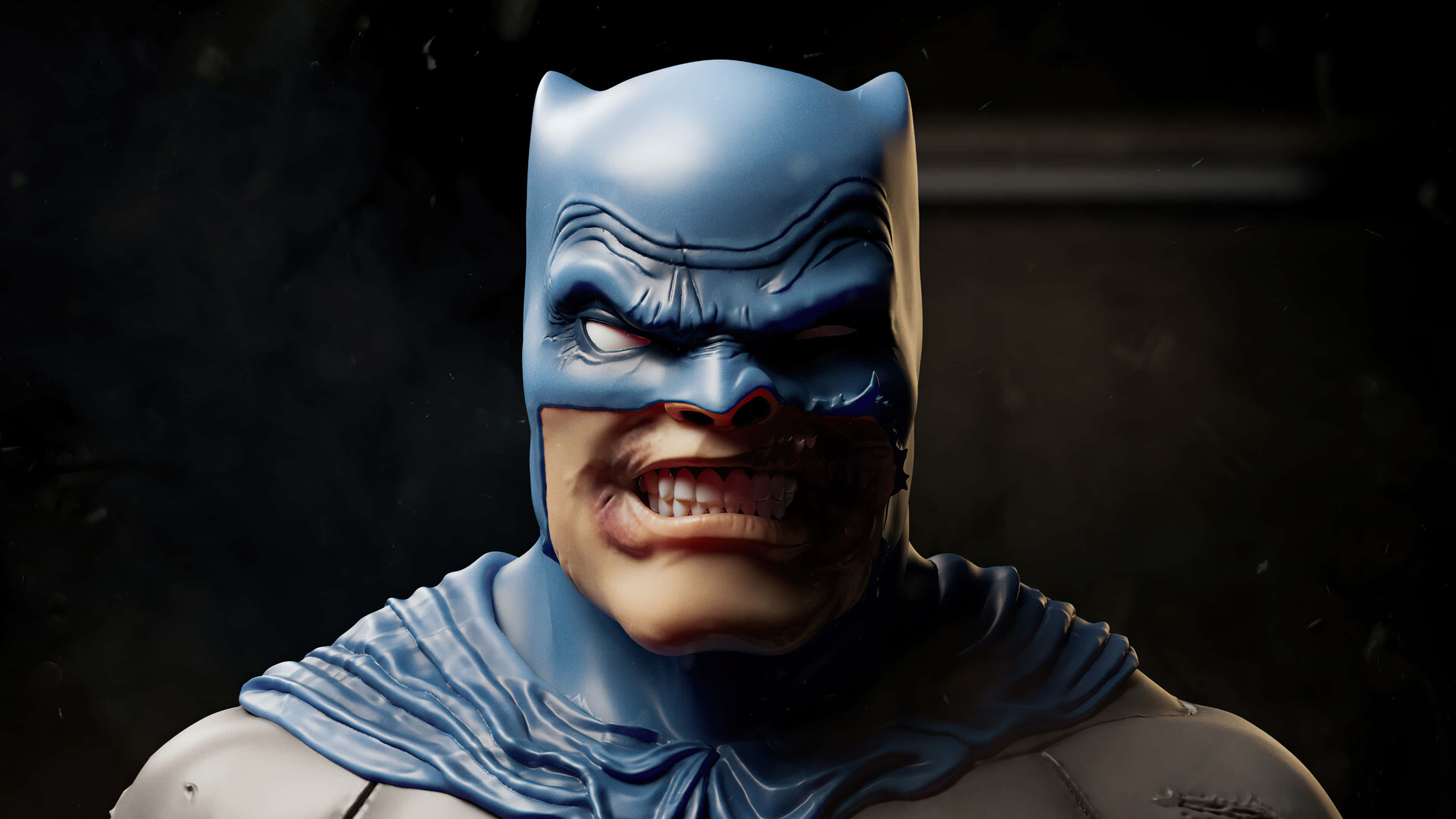Batman The Dark Knight Returns 桌布 壁紙 — 蝙蝠俠的近距離威脅特寫，面具撕裂，臉上帶血，背景陰暗煙霧彌漫。