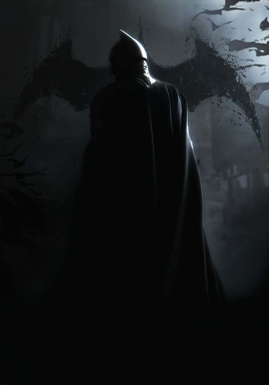 Batman The Dark Knight Returns 桌布 壁紙 — 蝙蝠俠的黑色剪影背光站在霧氣瀰漫的高譚市背景前，帶有蝙蝠標誌和飛翔的蝙蝠。