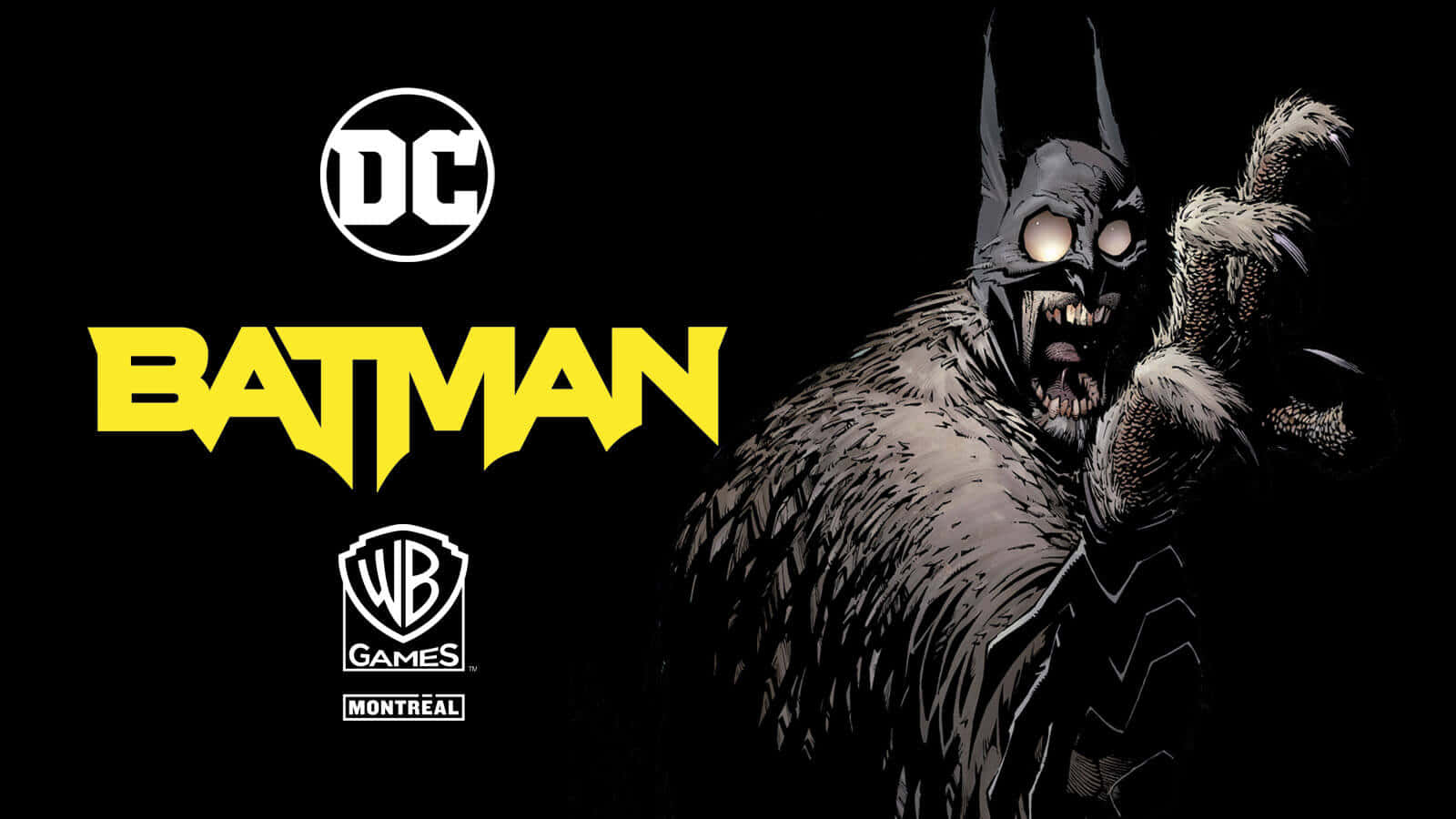 The Court Of Owls 桌布 壁紙 — 蝙蝠俠穿著毛茸茸的威脅性服裝，眼睛發光，背景為黑色，帶有DC和WB Games標誌。