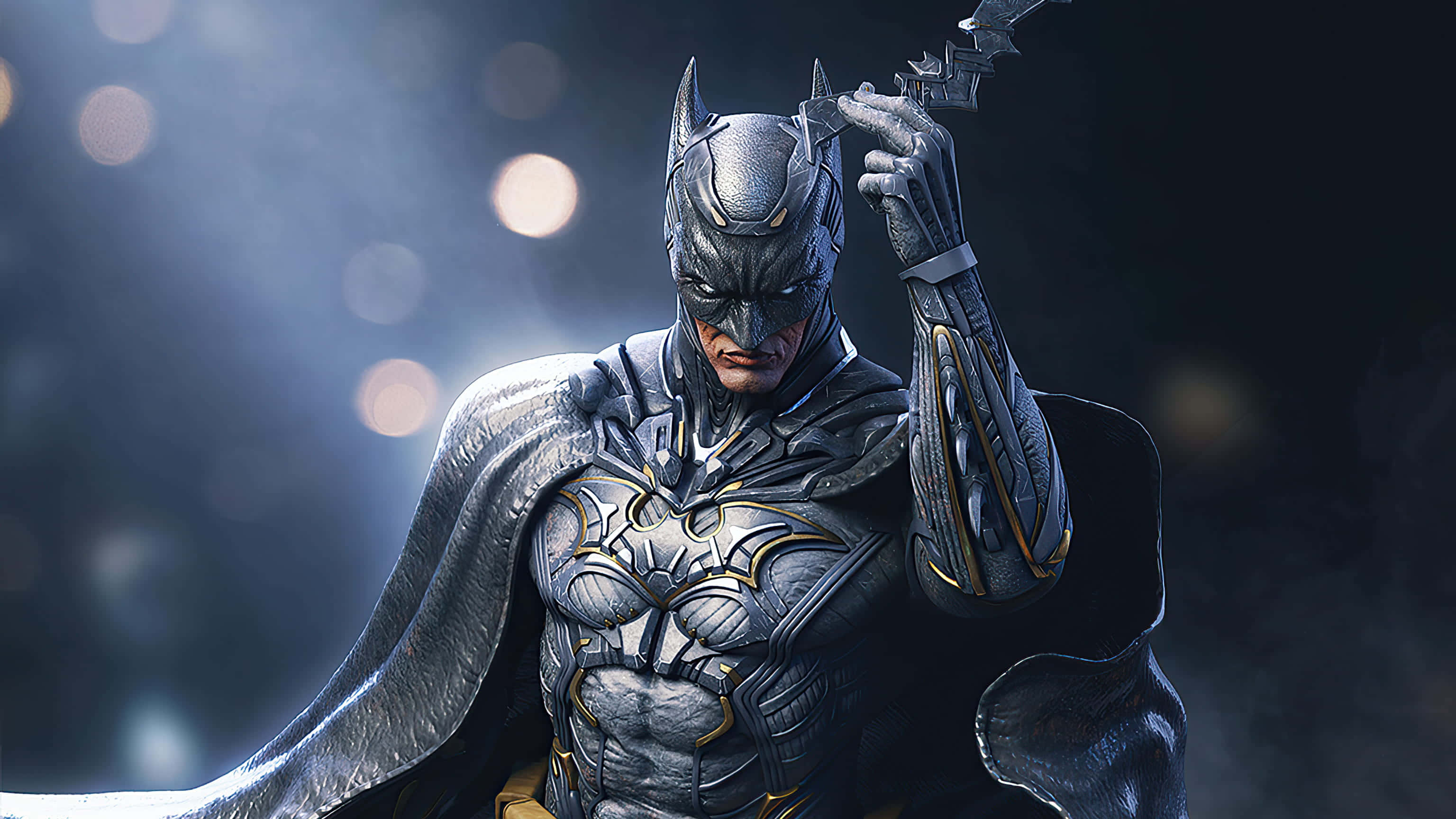 Batman Desktop 桌布 壁紙 — 蝙蝠俠穿著裝甲服，在黑暗散景背景和戲劇性燈光下手持蝙蝠鏢。