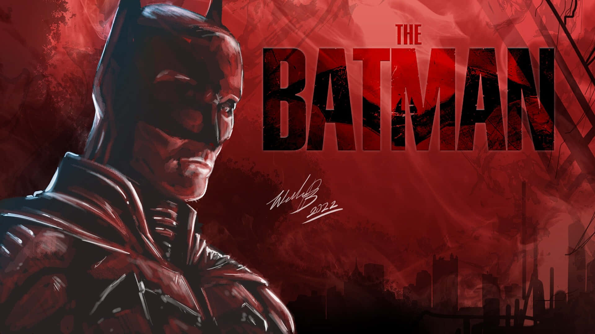 Bruce Wayne 桌布 壁紙 — 蝙蝠俠站在 gritty 紅色調的高譚市天際線前，身後有粗體標題文字。