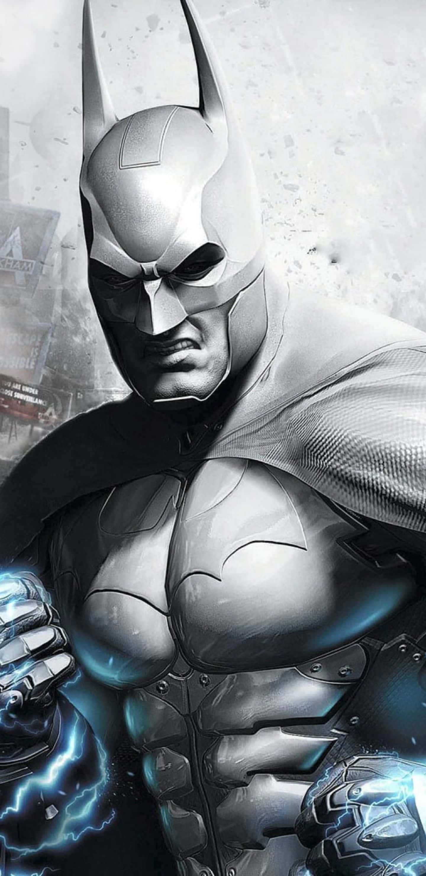 Pixel 3xl Batman Arkham City 桌布 壁紙 — 蝙蝠俠站在一個 gritty 的城市環境中，拳頭散發出藍色光芒的能量。