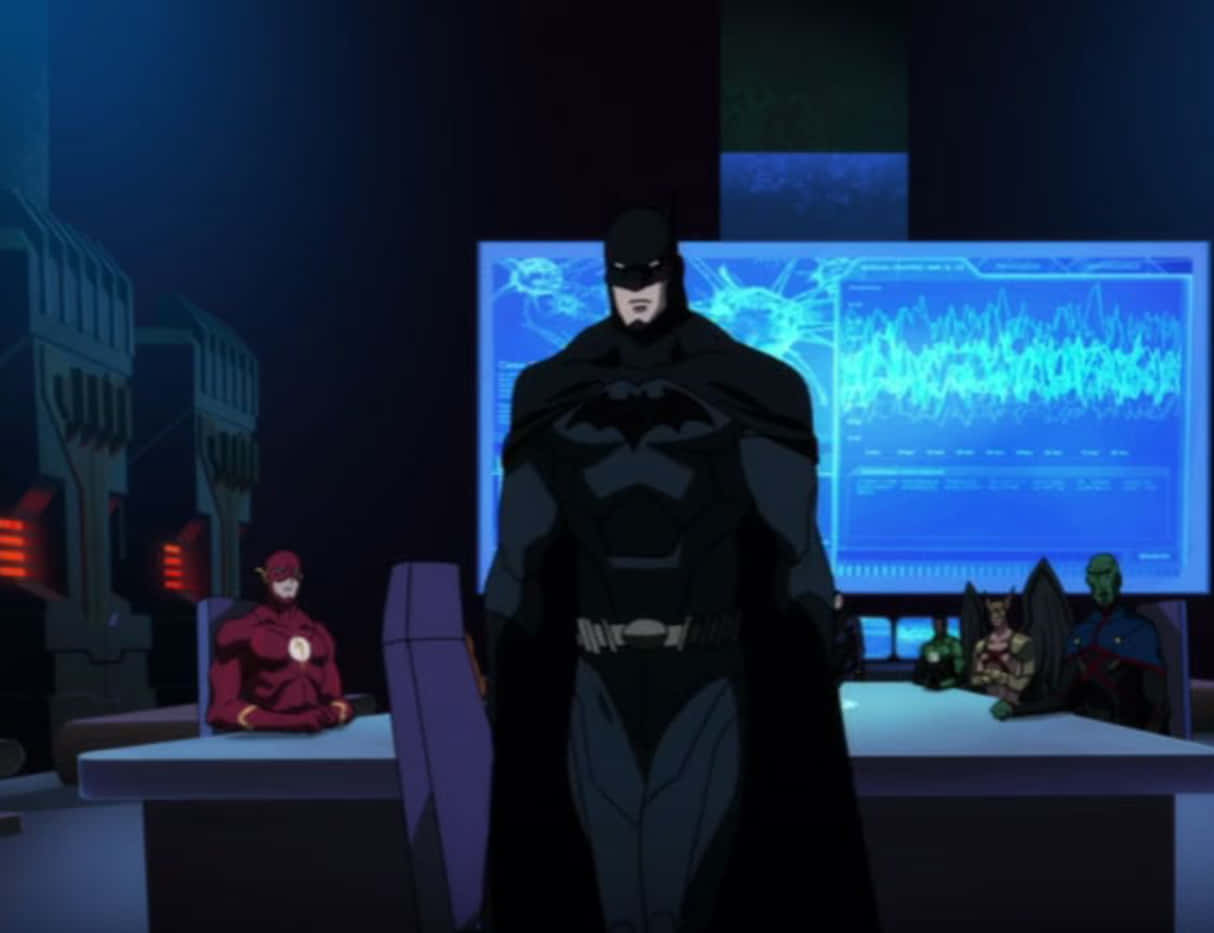 The Justice League Dark 桌布 壁紙 — 蝙蝠俠站在一個燈光昏暗的高科技指揮中心，藍色發光的螢幕和閃電俠坐在附近。