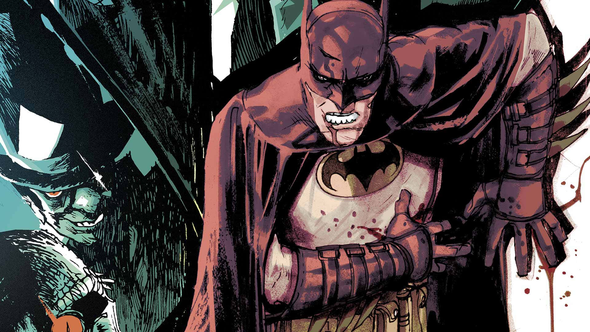 Legends Of The Dark Knight 桌布 壁紙 — 蝙蝠俠站在一個粗獷的漫畫面板中，胸口流血，表情陰沉，而一個綠色皮膚的惡棍潛伏在他身後。