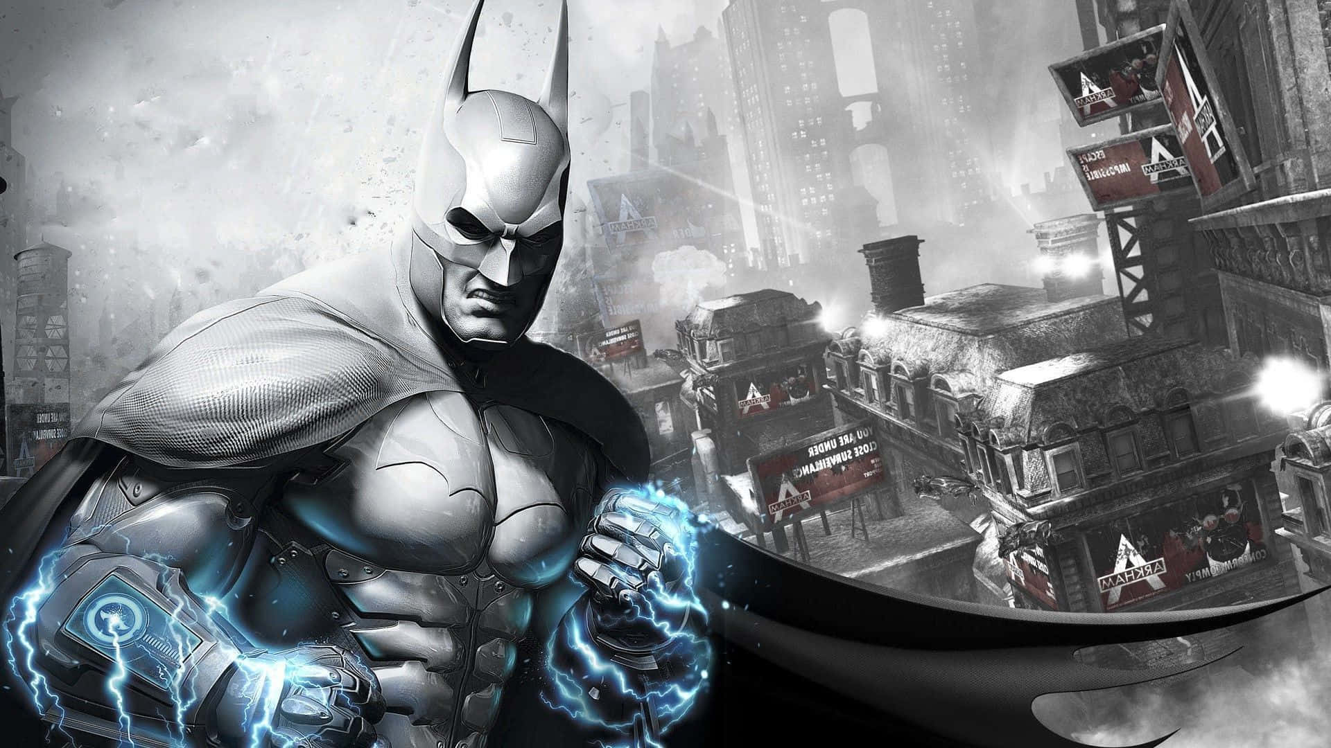 Batman Arkham City 桌布 壁紙 — 蝙蝠俠站在一個陰暗的城市景觀中，拳頭發出藍色能量，在煙霧瀰漫的城市背景下閃爍。