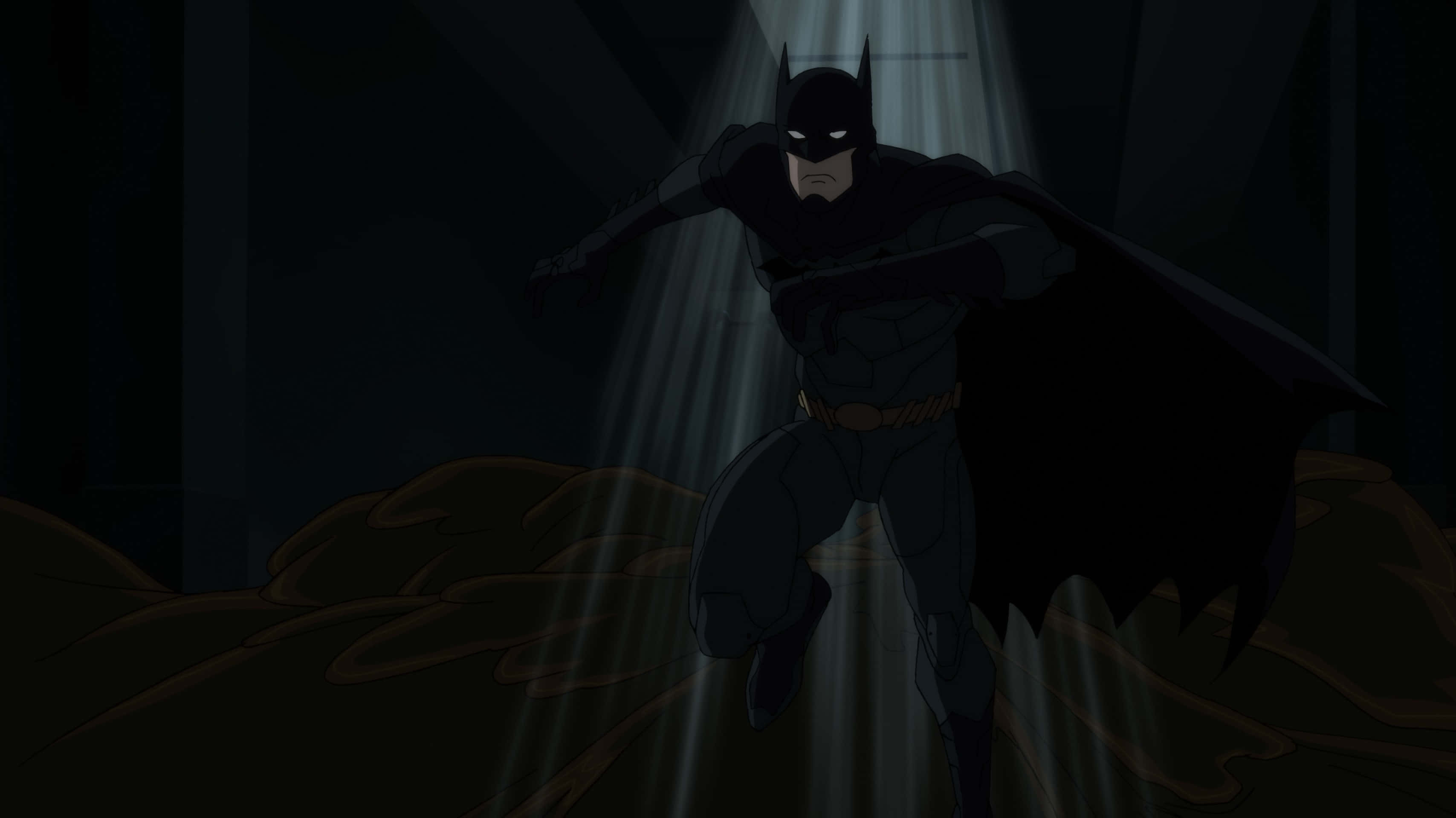 The Justice League Dark 桌布 壁紙 — 蝙蝠俠站在一個黑暗的洞穴中，被戲劇性的光束照亮，突顯出他堅定的剪影。