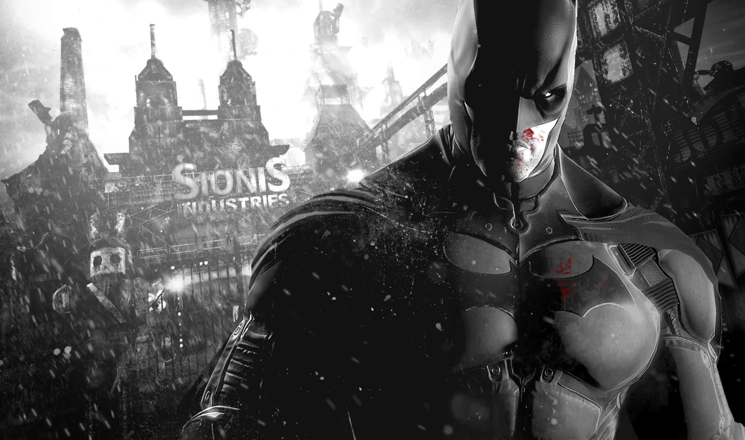 2440x1440 Batman Arkham City 桌布 壁紙 — 蝙蝠俠站在下雪的葛咸城暴雨中，臉上和胸口有血，背景是黑暗的工業區。