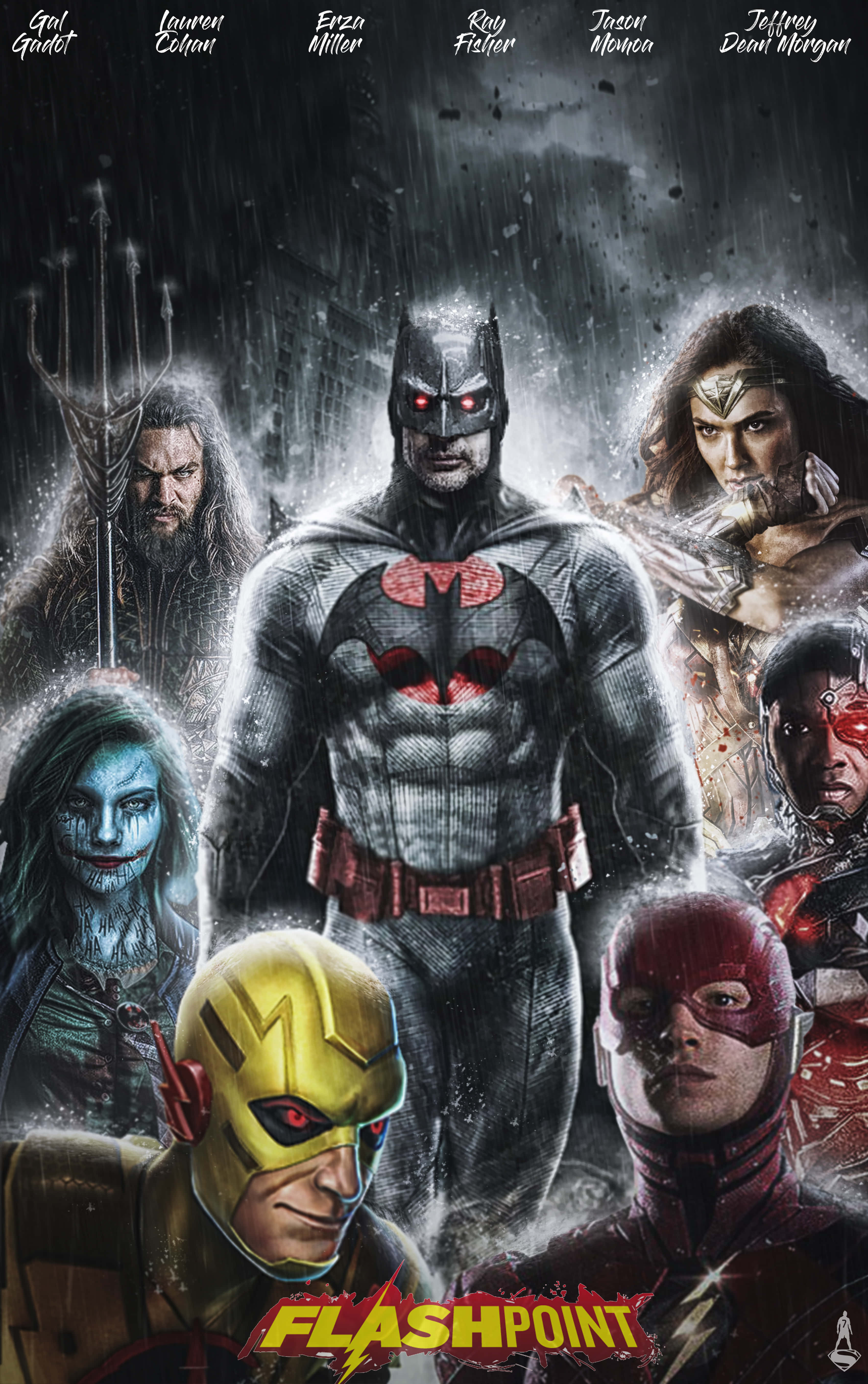 Justice League The Flashpoint Paradox 桌布 壁紙 — 蝙蝠俠站在中央，眼睛發出紅光，被DC英雄和反派包圍在黑暗多雨的都市場景中。
