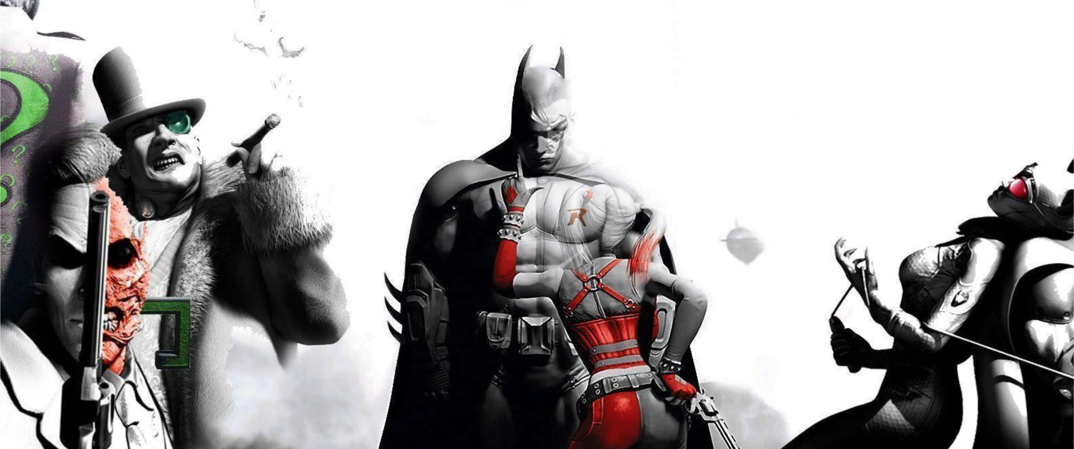3440x1440p Batman Arkham City 桌布 壁紙 — 蝙蝠俠站在中間，小丑和哈莉·奎茵在兩側，採用高對比度漫畫風格，帶有醒目的紅色點綴。