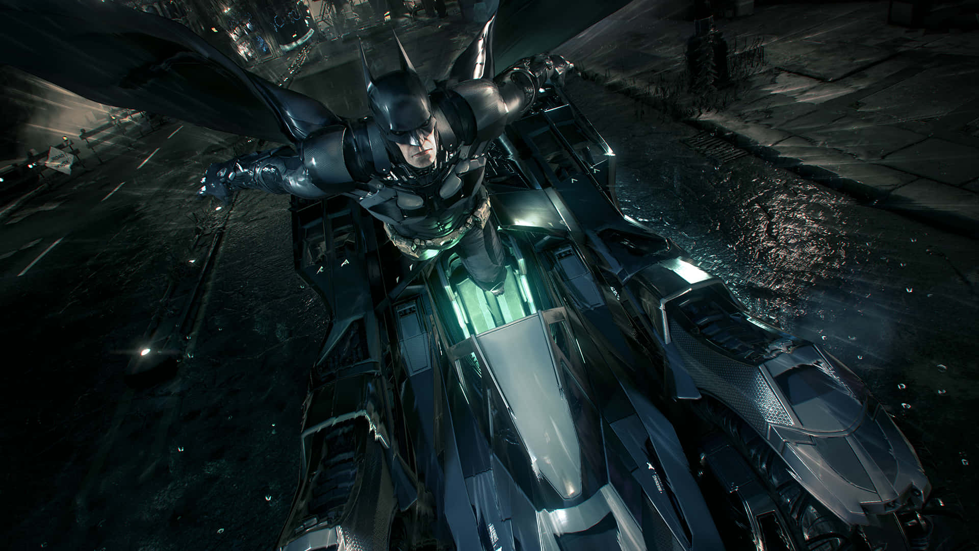 Superhero Video Games 桌布 壁紙 — 蝙蝠俠站在他時尚的蝙蝠車頂上，在夜晚雨濕的高譚市小巷中，霓虹燈光反射。