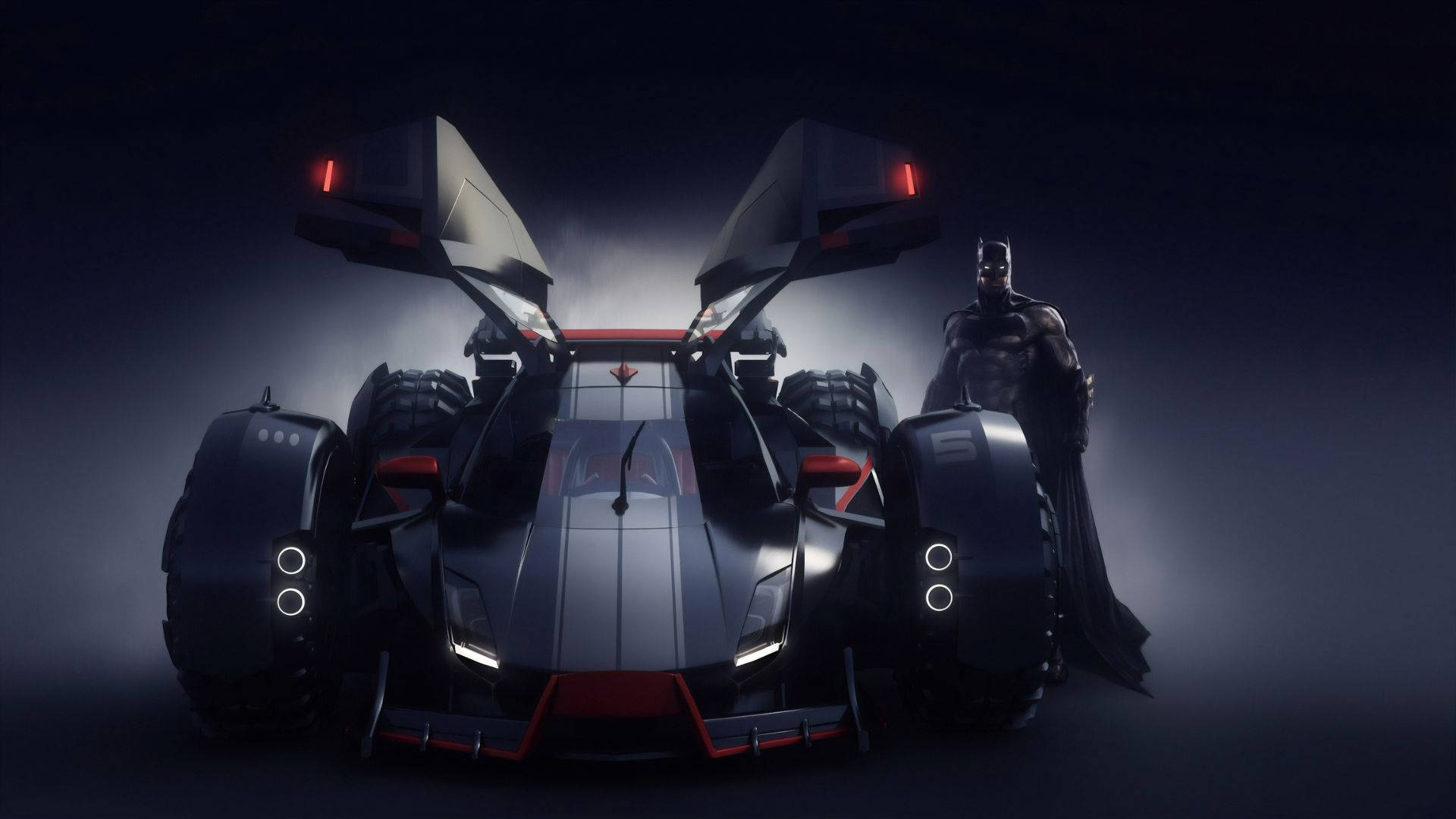 Batmobile 桌布 壁紙 — 蝙蝠俠站在他時尚的黑色裝甲蝙蝠車旁，車上有發光的紅色點綴，在煙霧瀰漫的黑暗工作室中。