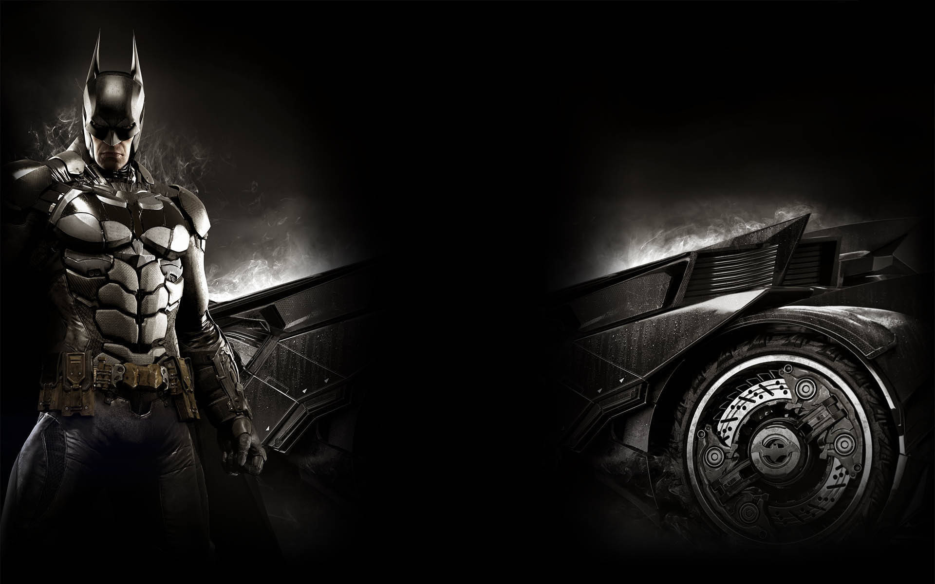 蝙蝠俠 4K 桌布 壁紙 — 蝙蝠俠站在他的裝甲蝙蝠車旁邊的陰影中，帶有發光的機械細節和背後升起的煙霧。
