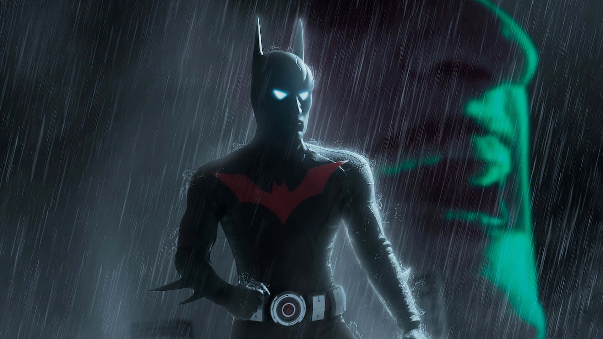 Batman Beyond Return Of The Joker 桌布 壁紙 — 蝙蝠俠站在傾盆大雨中，雙眼發光，身後有綠色剪影，營造出黑暗的電影感場景。