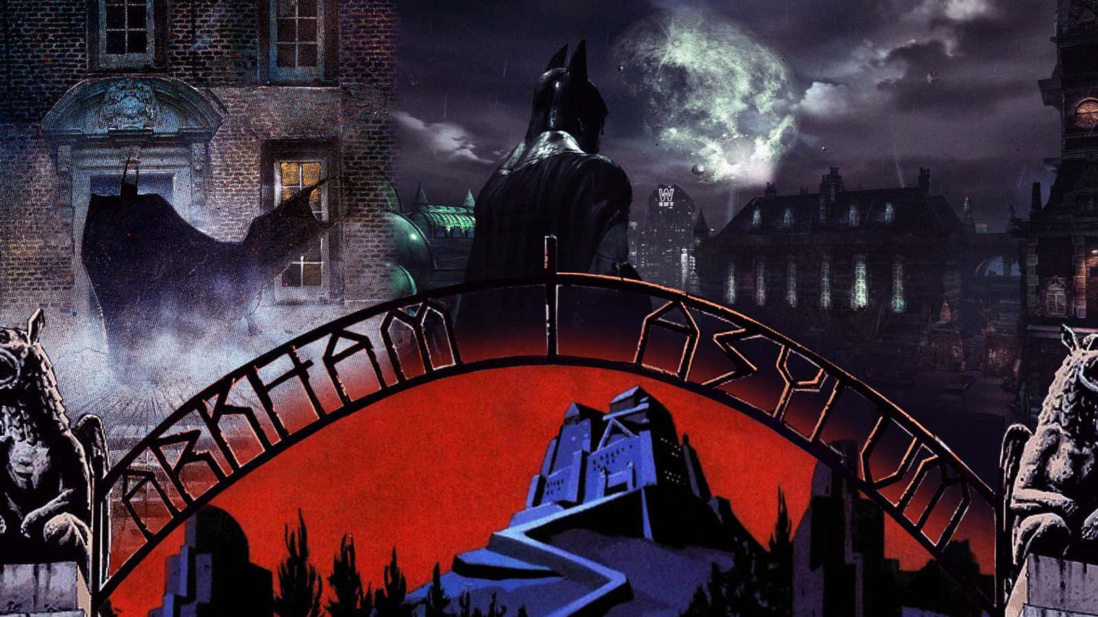 Arkham Asylum 桌布 壁紙 — 蝙蝠俠站在哥德式城市景觀中，滿月下阿卡漢療養院不祥的紅色大門前。