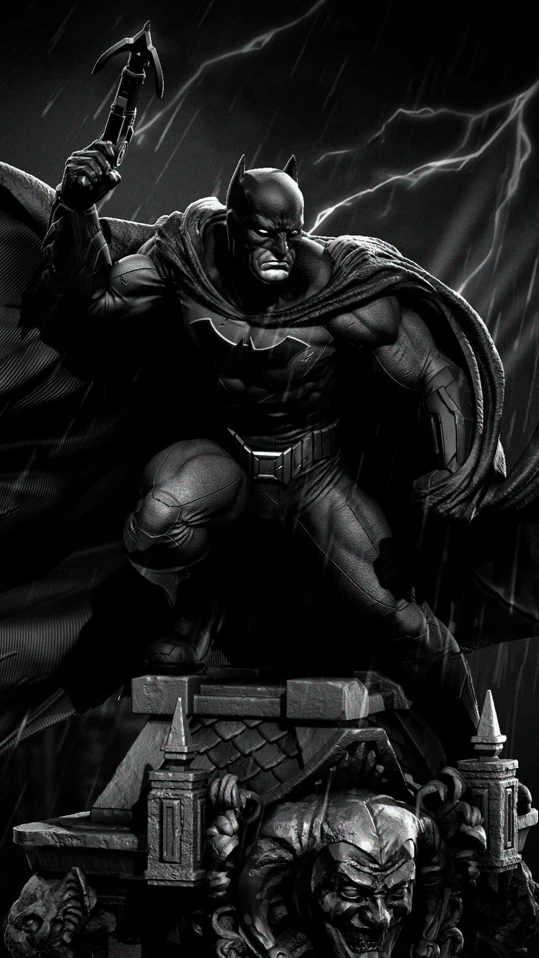 Awesome Batman 桌布 壁紙 — 蝙蝠俠站在哥德式建築頂端揮舞著蝙蝠鏢，閃電劃破暴風雨的天空。