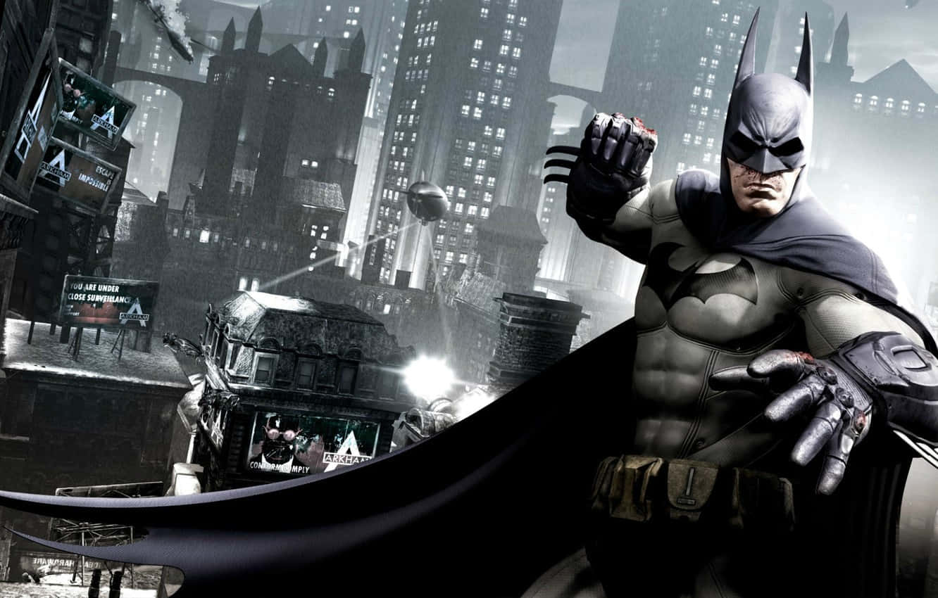 Bruce Wayne 桌布 壁紙 — 蝙蝠俠站在屋頂上，俯瞰雨夜中霓虹燈閃爍、飛行車輛穿梭的高譚市天際線。