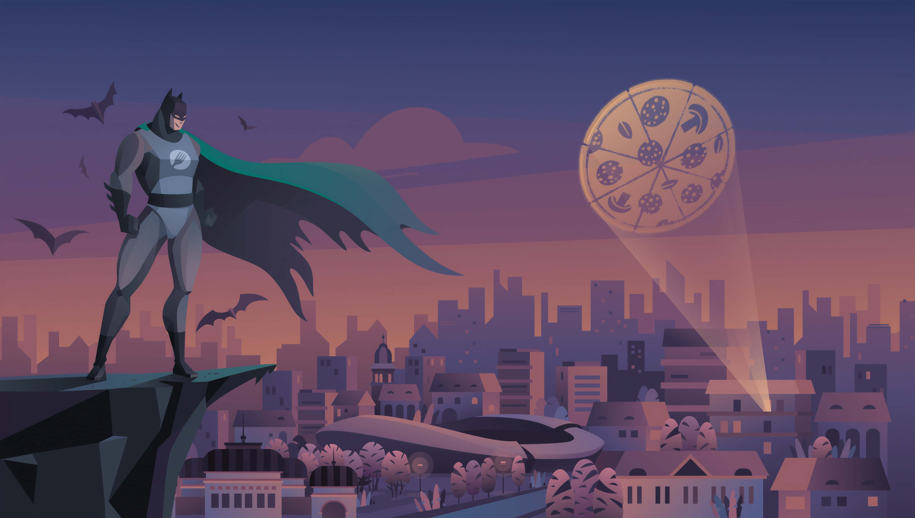 Gotham City 桌布 壁紙 — 蝙蝠俠站在懸崖頂上，俯瞰黃昏時分的城市天際線，一個巨大的披薩在上方盤旋，射出一道聚光燈光束。