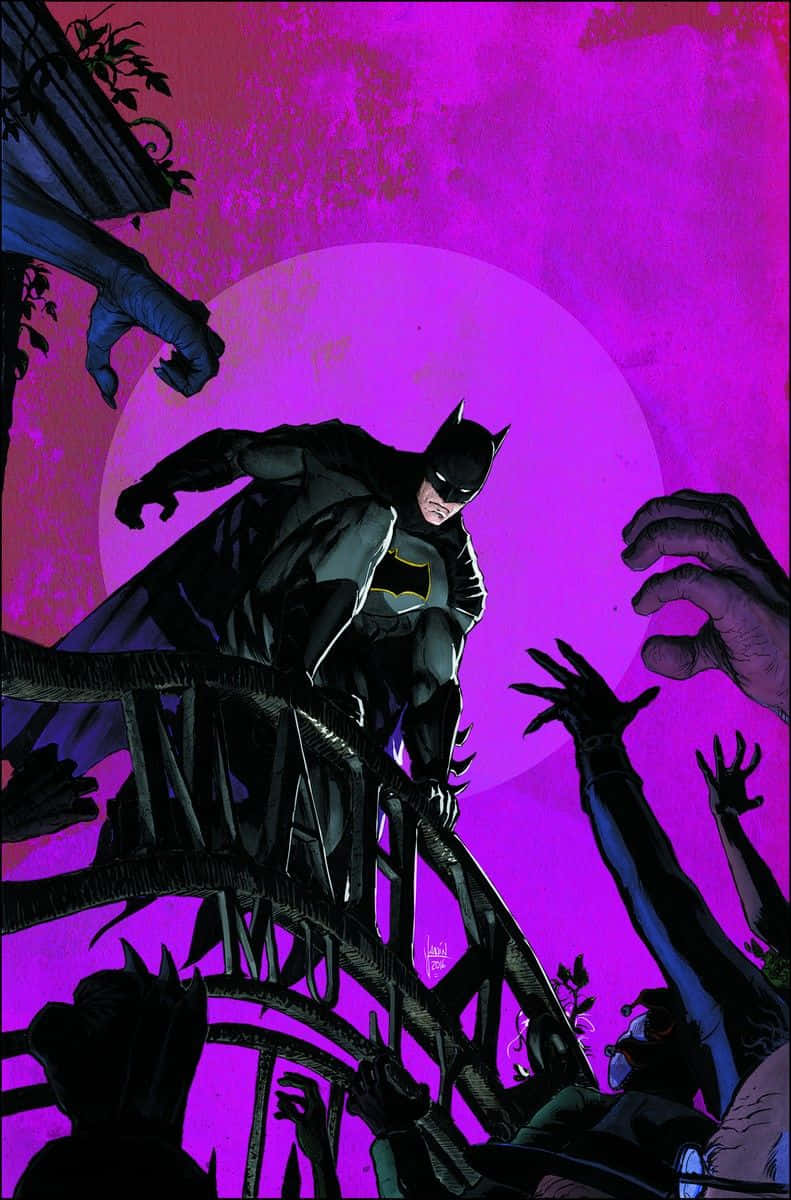 Batman Reborn 桌布 壁紙 — 蝙蝠俠站在扭曲的金屬結構上，背景是發光的紫色月亮，陰影般的手從下方伸上來。