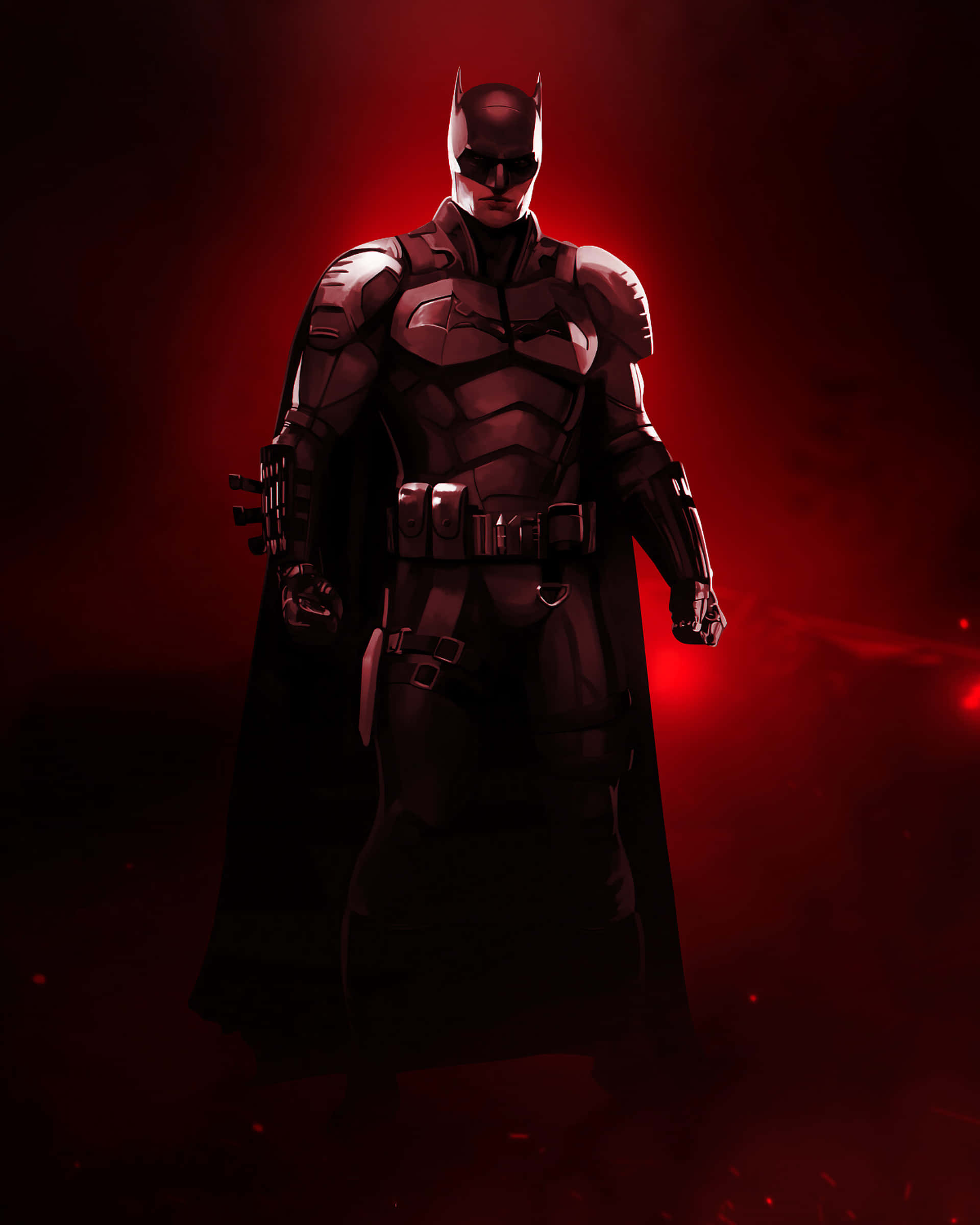 Cool Batman 桌布 壁紙 — 蝙蝠俠站在暗紅色燈光場景中，穿著裝甲服和披風，表情嚴肅。