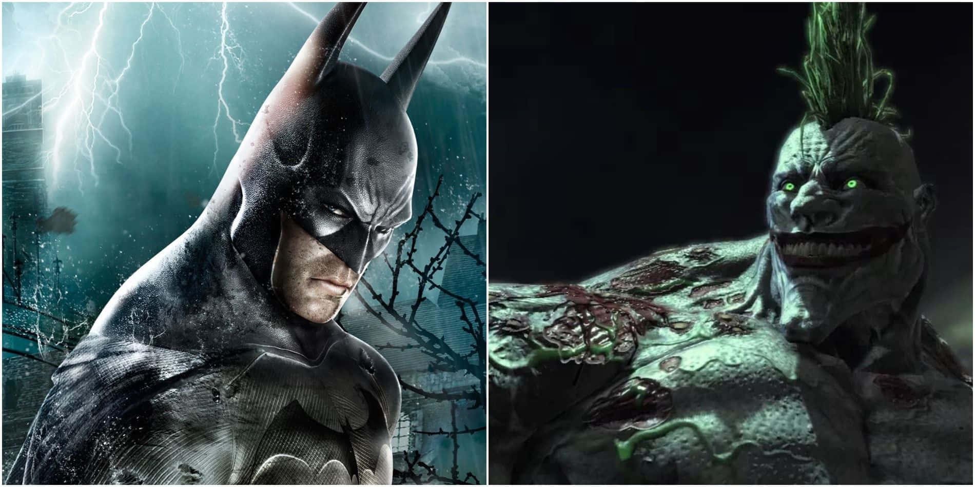 Arkham Asylum 桌布 壁紙 — 蝙蝠俠站在暴風雨中，身後有閃電，而小丑則露出兇惡的笑容，雙眼發出綠光。