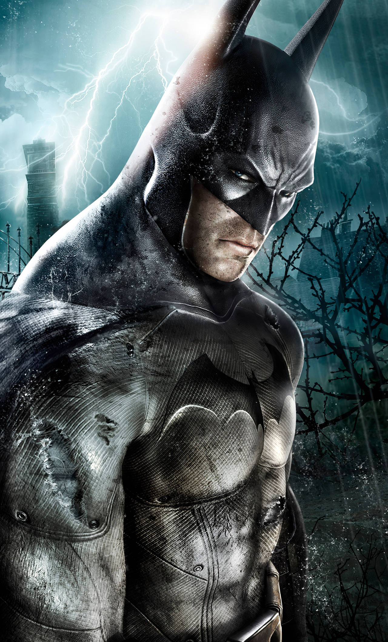 Arkham 桌布 壁紙 — 蝙蝠俠站在暴風雨中的高譚市，身後閃電劃破天際，光禿的樹木襯托著他陰沉的表情。