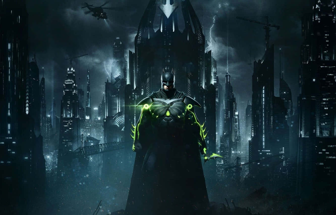 Bruce Wayne 桌布 壁紙 — 蝙蝠俠站在暴風雨中的高譚市景觀中，身穿螢光綠色盔甲，背景是黑暗的摩天大樓和閃電。