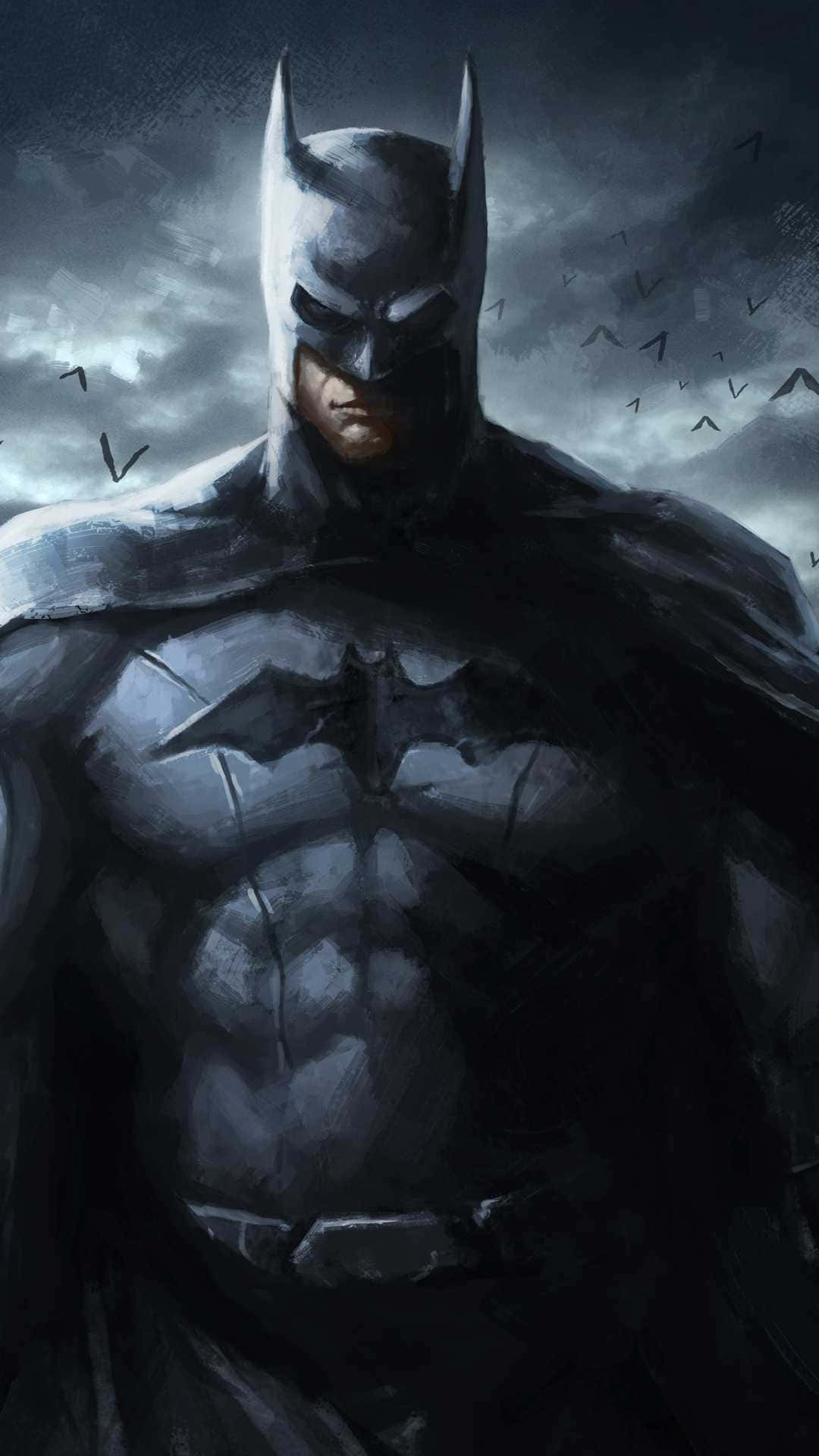 Awesome Batman 桌布 壁紙 — 蝙蝠俠站在暴風雨的天空中，蝙蝠在他周圍飛翔，他的裝甲服在昏暗的光線下閃閃發光。