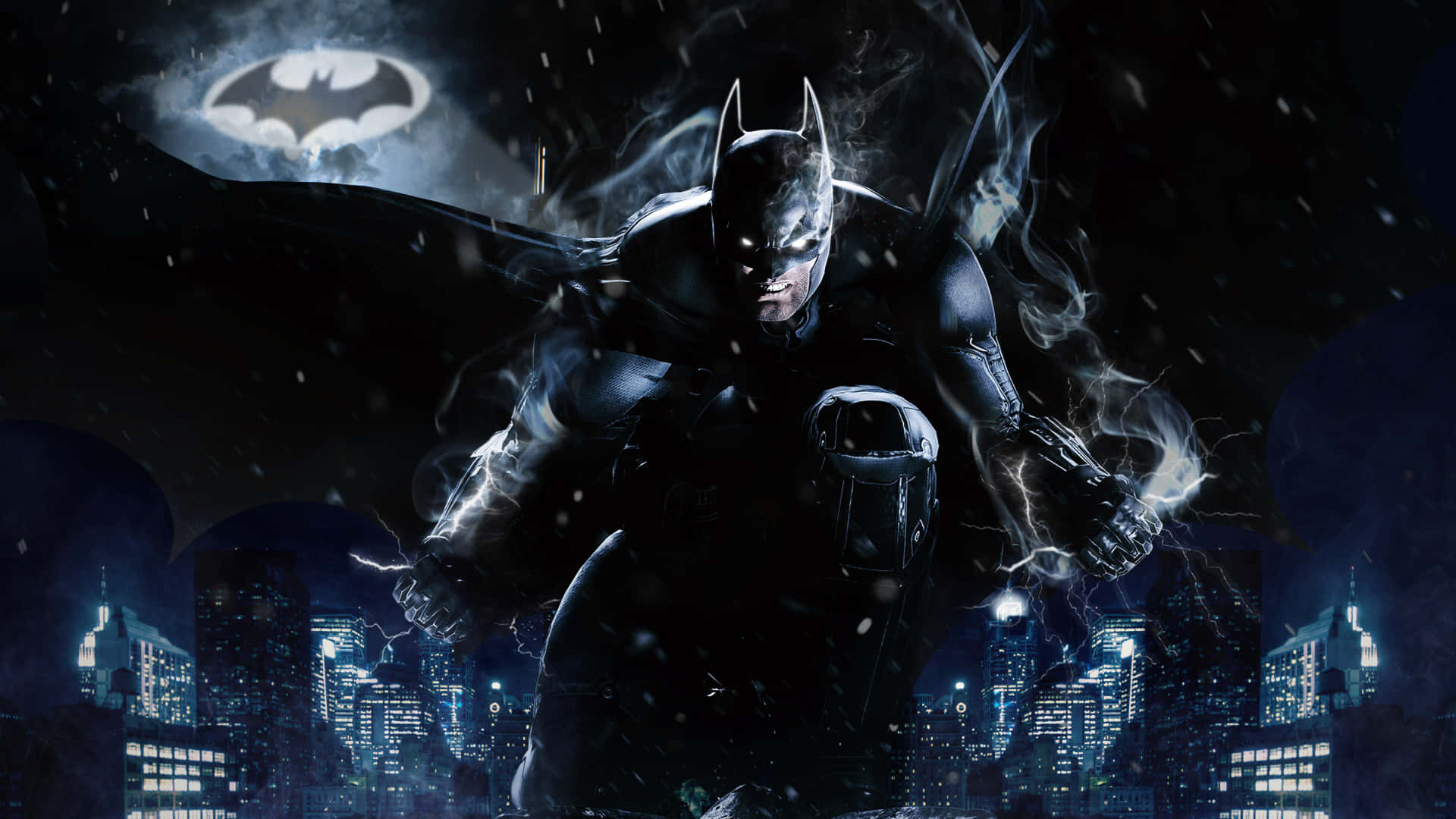 Bat Signal 桌布 壁紙 — 蝙蝠俠站在暴風雨的高譚市夜晚，閃電在他周圍劈啪作響，蝙蝠信號在城市天際線上方閃耀。