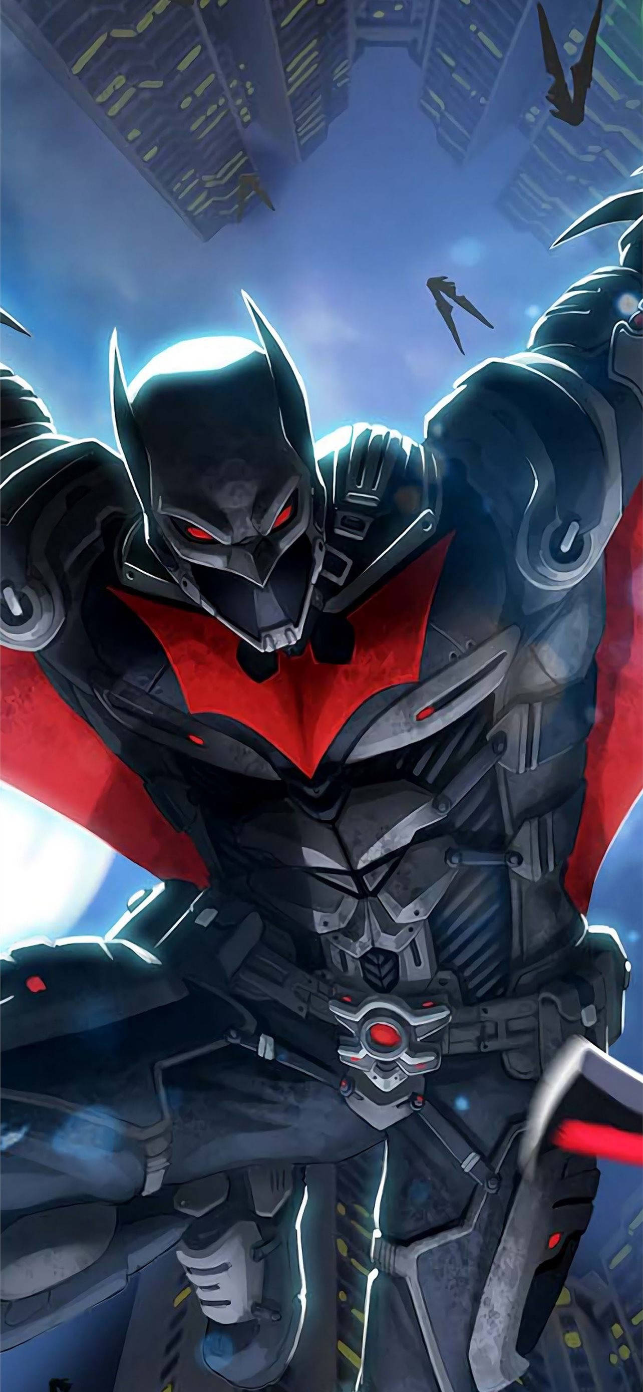 batman arkham city iPhone 桌布 壁紙 — 蝙蝠俠站在未來城市景觀中，雙眼發出紅光，身穿機械裝甲，背景是深藍色的天空。