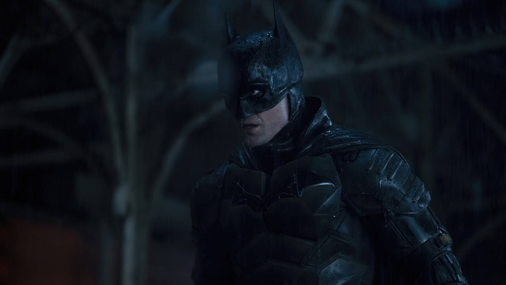 The Batman 桌布 壁紙 — 蝙蝠俠站在濕透的黑暗中，濕透的盔甲透過光禿的樹枝反射出微弱的光芒。
