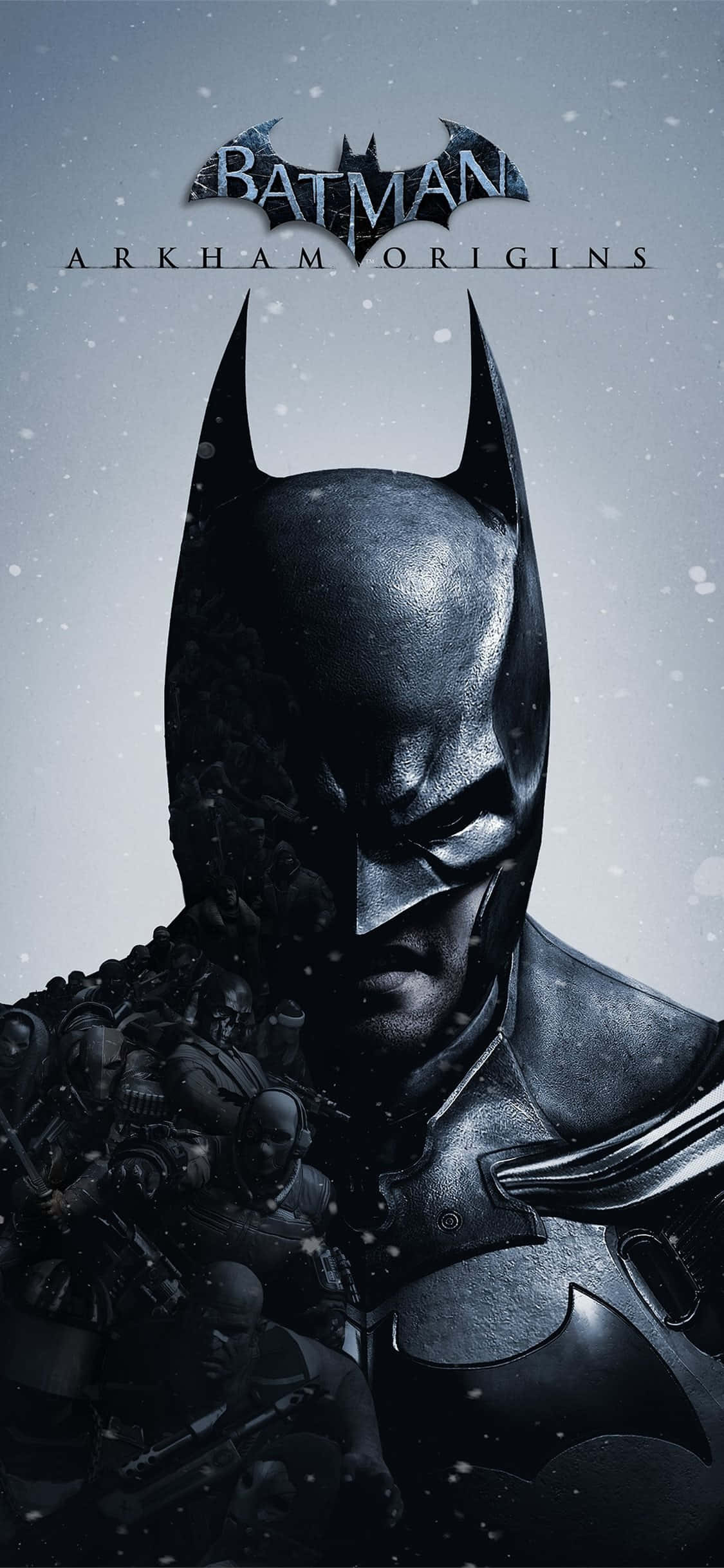Batman Arkham Knight 桌布 壁紙 — 蝙蝠俠站在白雪覆蓋的高譚市，他的裝甲頭罩和披風在灰色天空和飄落的雪花中形成剪影。